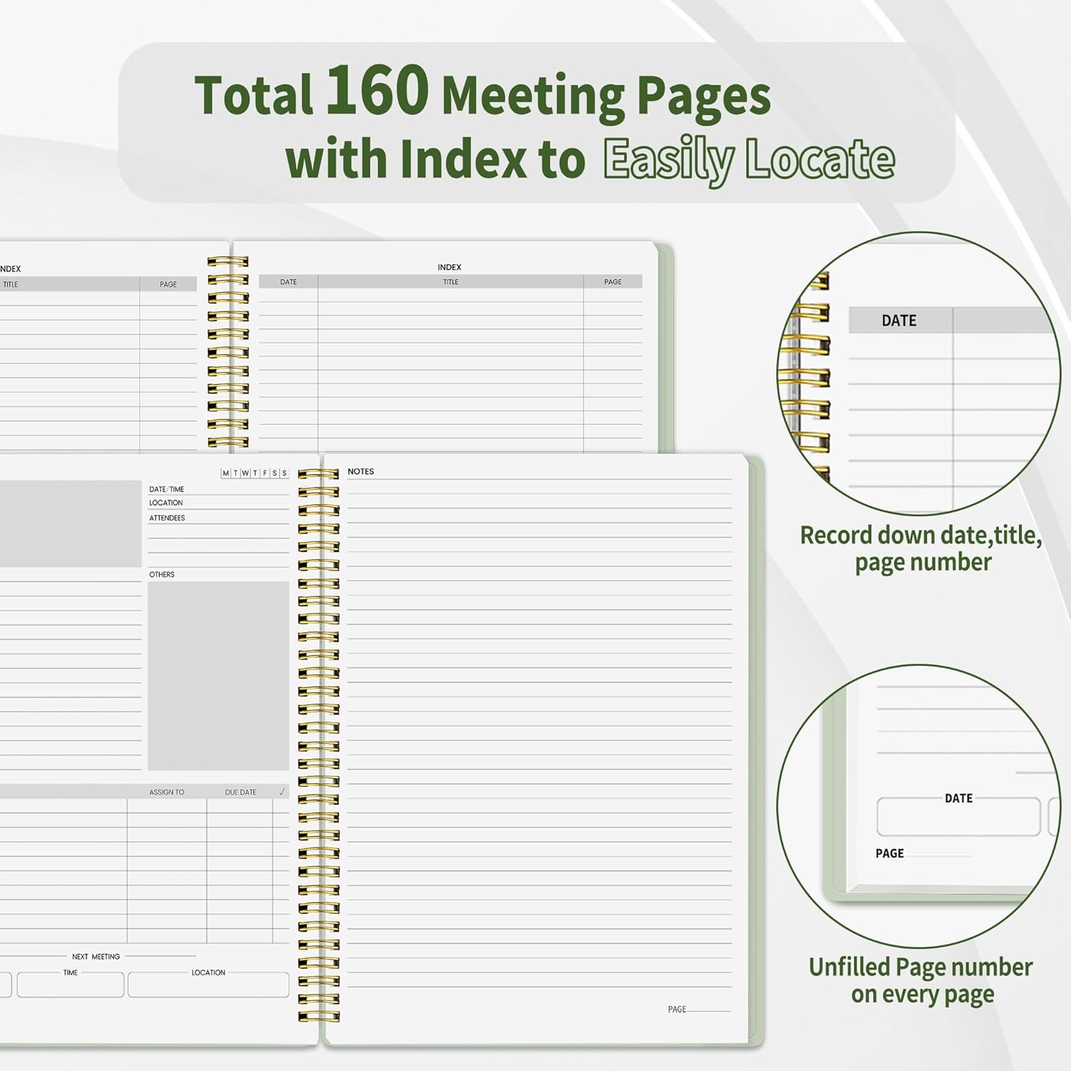 image:imageSUNEE Half Meeting Half Note 85x11 Professional Notebooks for Work 160 Pages A4 Size Project Planner Spiral Meeting AgendaMinutes Organizer for Women Men Note Taking Office amp BusinessMuted Green