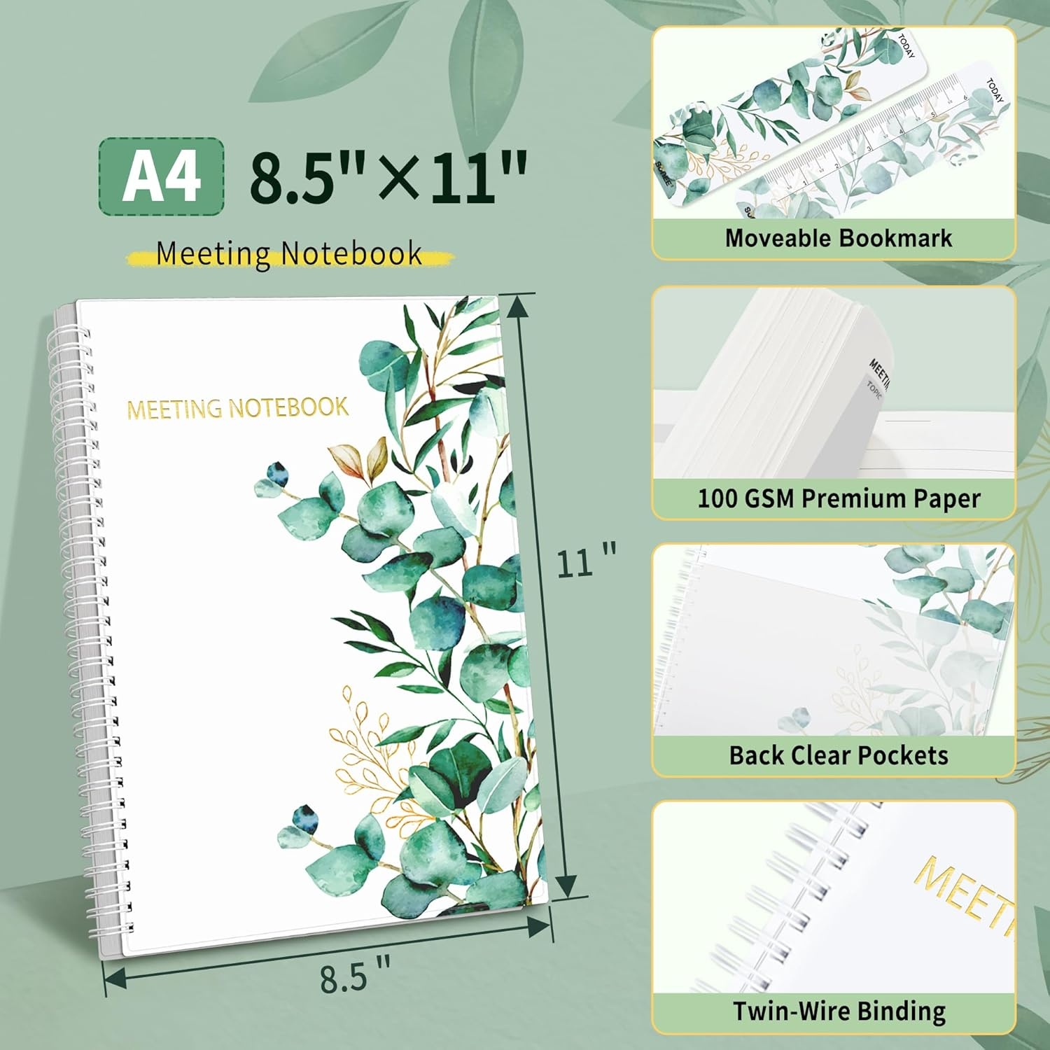 image:imageSUNEE Half Meeting Half Note 85x11 Professional Notebooks for Work 160 Pages A4 Size Project Planner Spiral Meeting AgendaMinutes Organizer for Women Men Note Taking Office amp BusinessLeaf