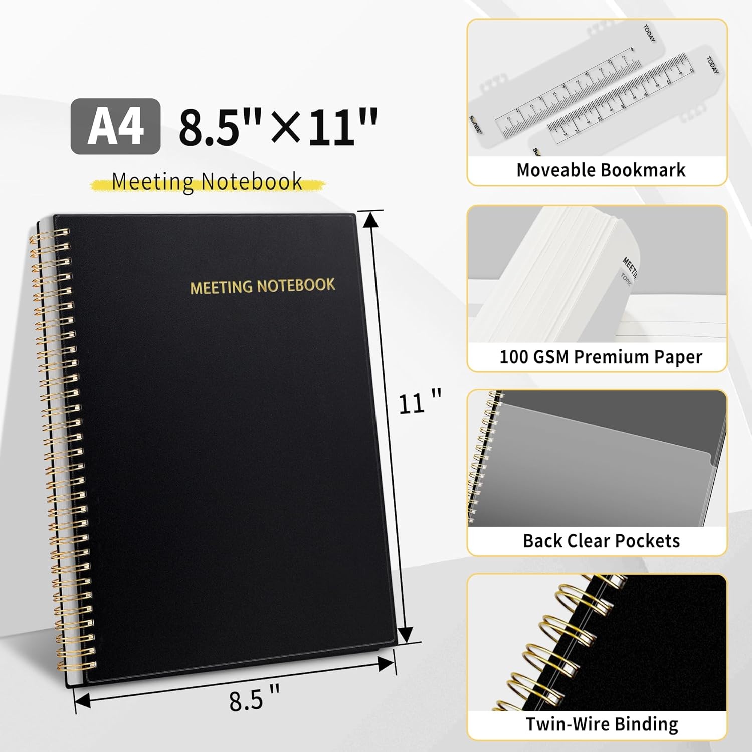 image:imageSUNEE Half Meeting Half Note 85x11 Professional Notebooks for Work 160 Pages A4 Size Project Planner Spiral Meeting AgendaMinutes Organizer for Women Men Note Taking Office amp BusinessBlack