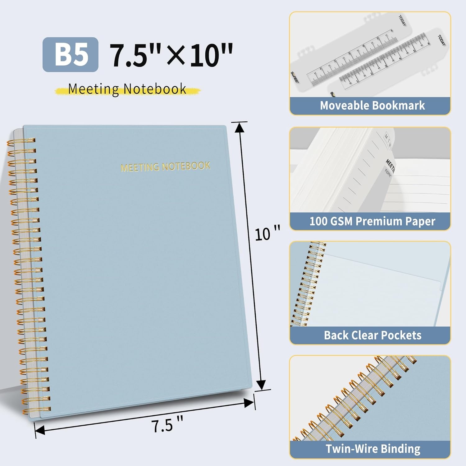 image:imageSUNEE Half Meeting Half Note 85x11 Professional Notebooks for Work 160 Pages A4 Size Project Planner Spiral Meeting AgendaMinutes Organizer for Women Men Note Taking Office amp BusinessGrey Blue