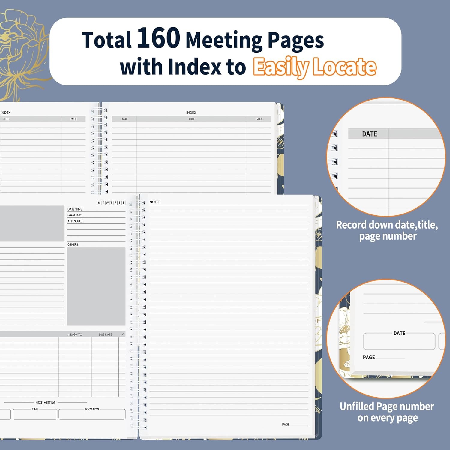 image:imageSUNEE Half Meeting Half Note 85x11 Professional Notebooks for Work 160 Pages A4 Size Project Planner Spiral Meeting AgendaMinutes Organizer for Women Men Note Taking Office amp BusinessVintage Floral