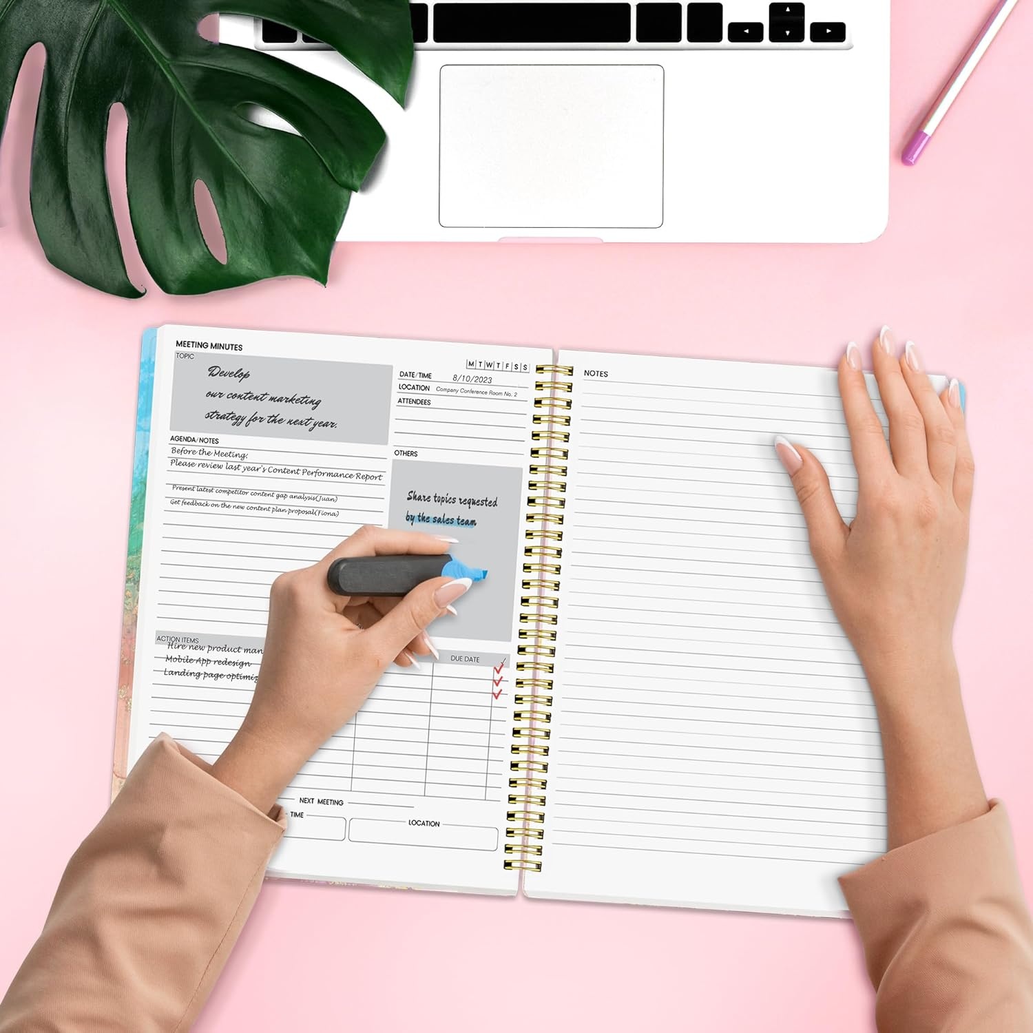 image:imageSUNEE Half Meeting Half Note 85x11 Professional Notebooks for Work 160 Pages A4 Size Project Planner Spiral Meeting AgendaMinutes Organizer for Women Men Note Taking Office amp BusinessPink Marble