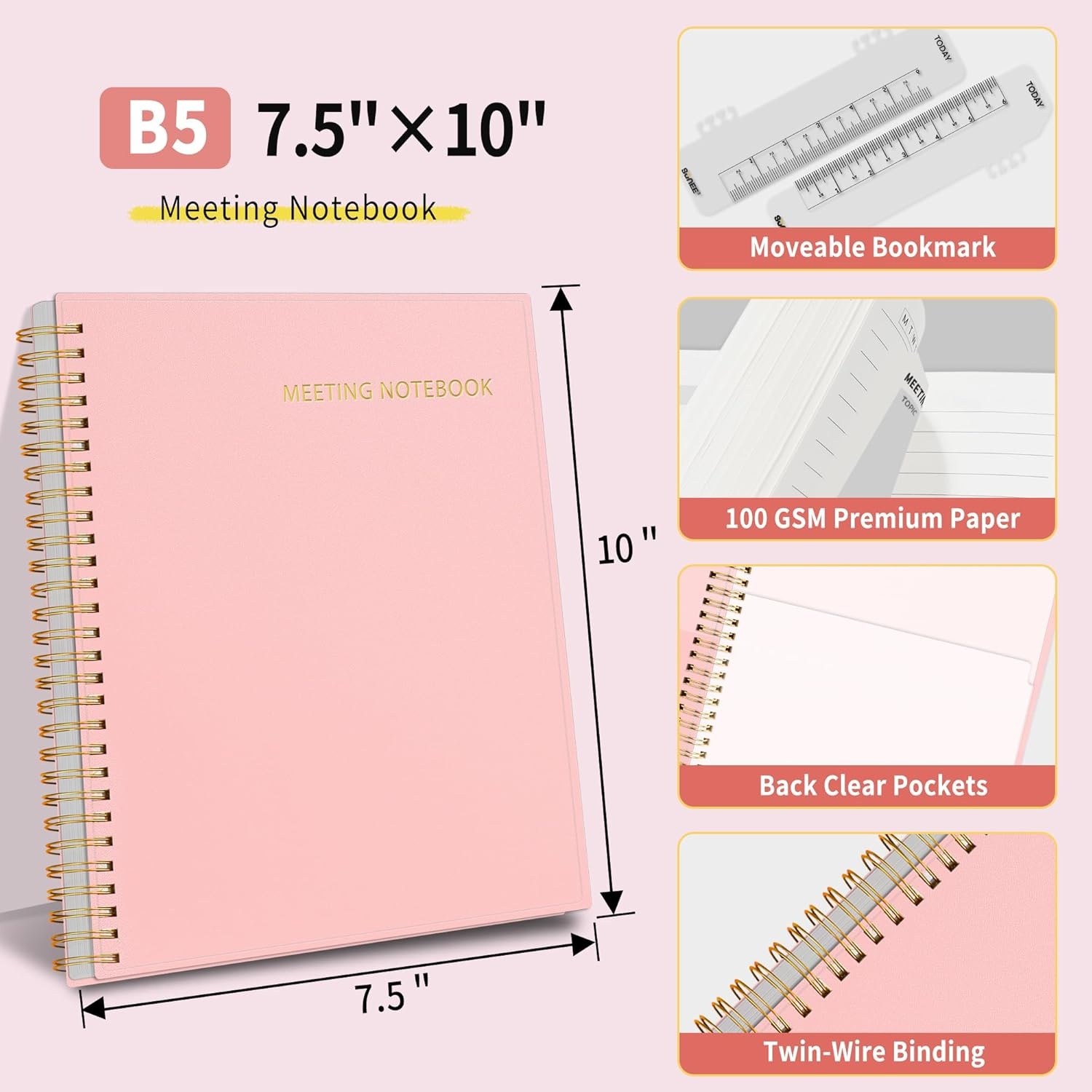 image:imageSUNEE Half Meeting Half Note 85x11 Professional Notebooks for Work 160 Pages A4 Size Project Planner Spiral Meeting AgendaMinutes Organizer for Women Men Note Taking Office amp BusinessPink