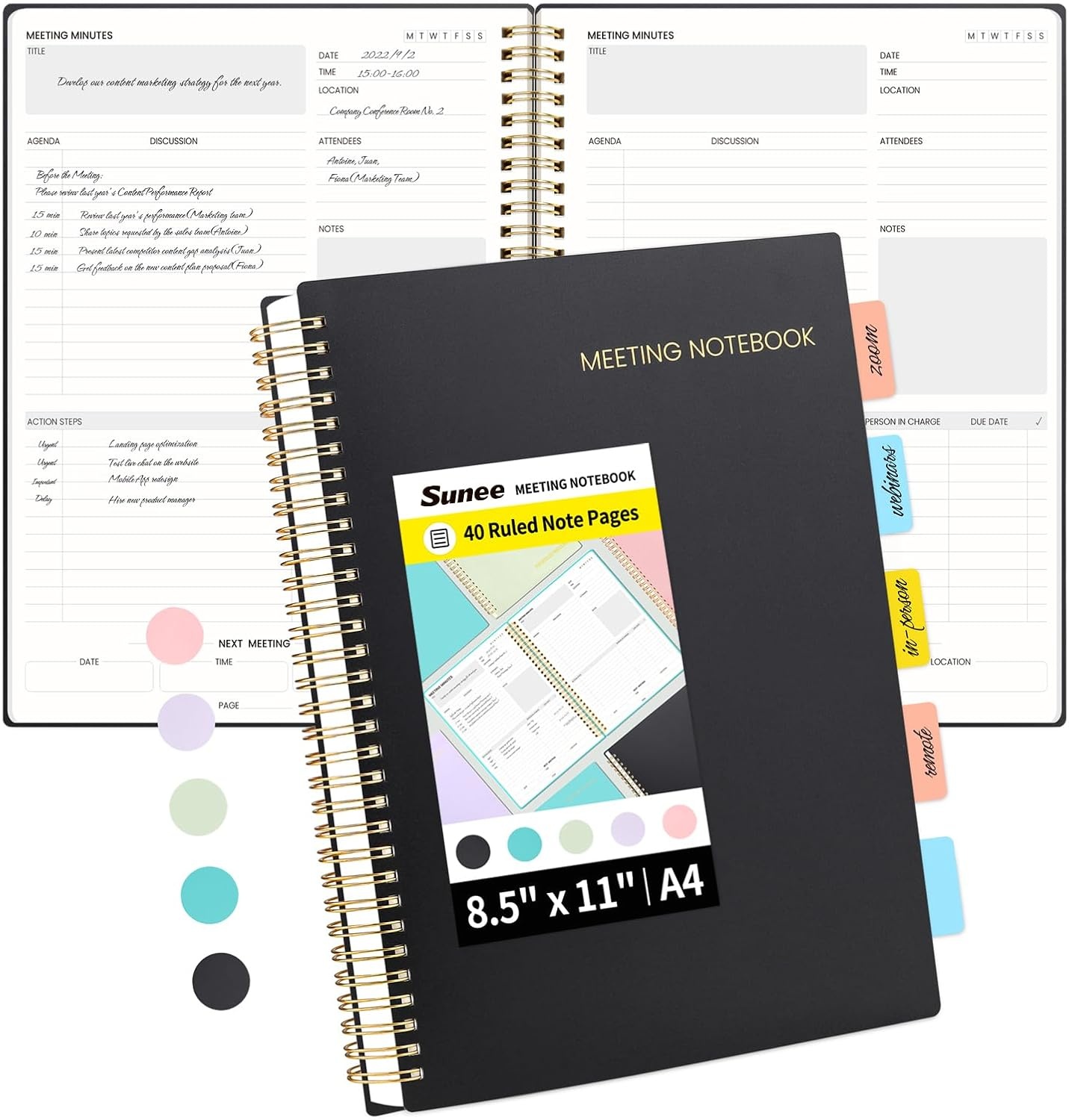 image:imageSUNEE Meeting Notebook for Work with Action Items 160 Pages A4 Size Project Planner Spiral Meeting AgendaMinutes Notebook Organizer for Women Men Note Taking Office amp Business 85x11 PurpleBlack