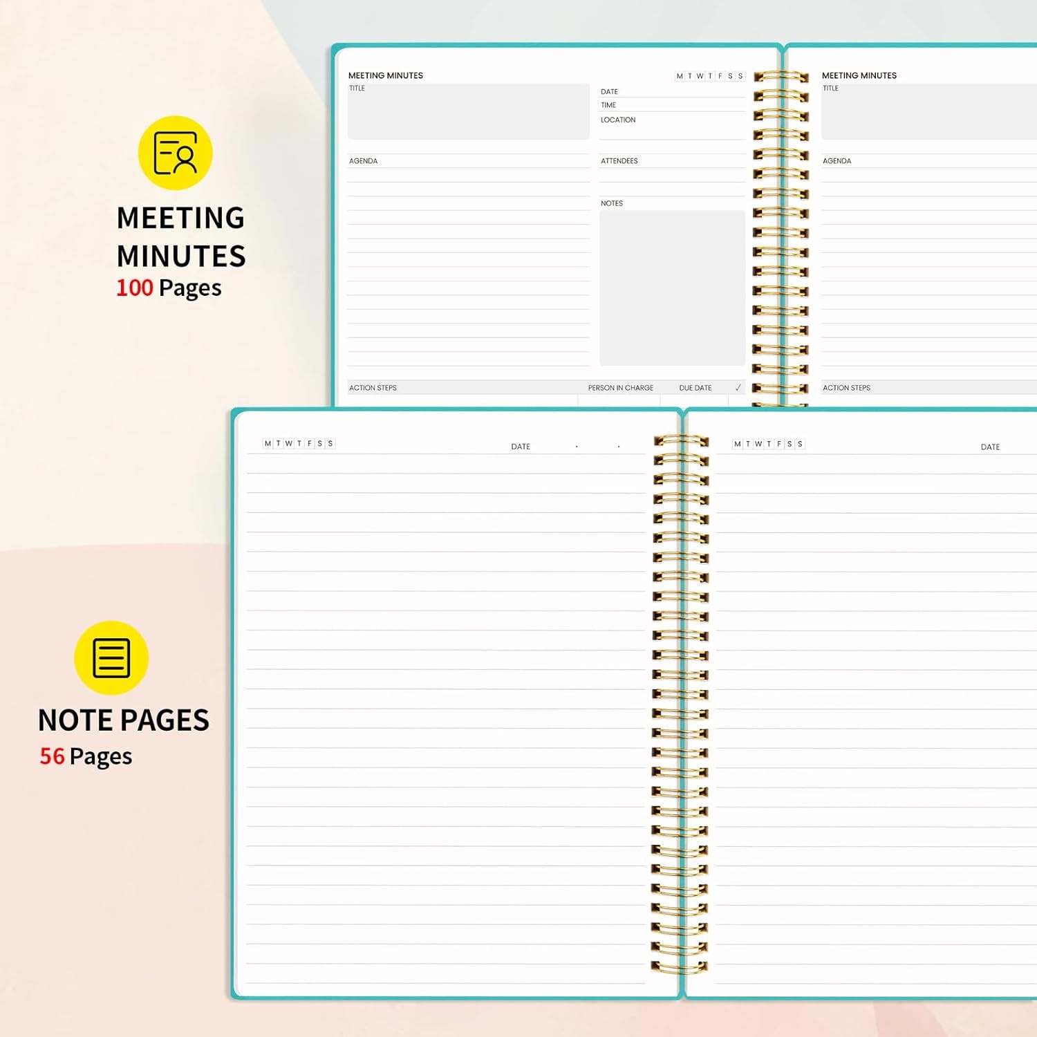 image:imageSUNEE Meeting Notebook for Work with Action Items 160 Pages A4 Size Project Planner Spiral Meeting AgendaMinutes Notebook Organizer for Women Men Note Taking Office amp Business 85x11 PurpleTeal