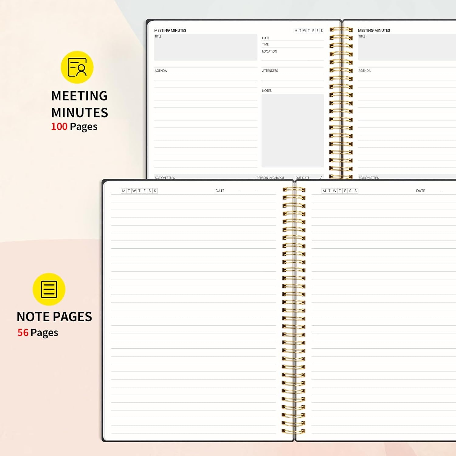 image:imageSUNEE Meeting Notebook for Work with Action Items 160 Pages A4 Size Project Planner Spiral Meeting AgendaMinutes Notebook Organizer for Women Men Note Taking Office amp Business 85x11 PurpleBlack