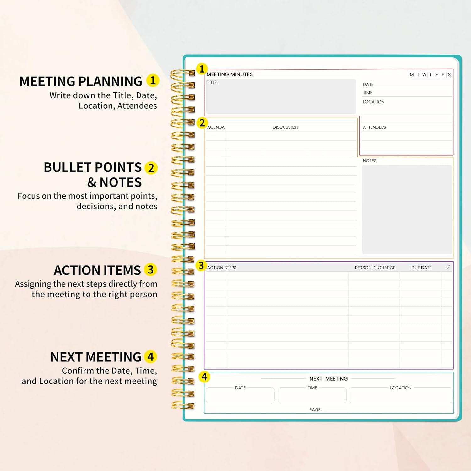 image:imageSUNEE Meeting Notebook for Work with Action Items 160 Pages A4 Size Project Planner Spiral Meeting AgendaMinutes Notebook Organizer for Women Men Note Taking Office amp Business 85x11 PurpleTeal