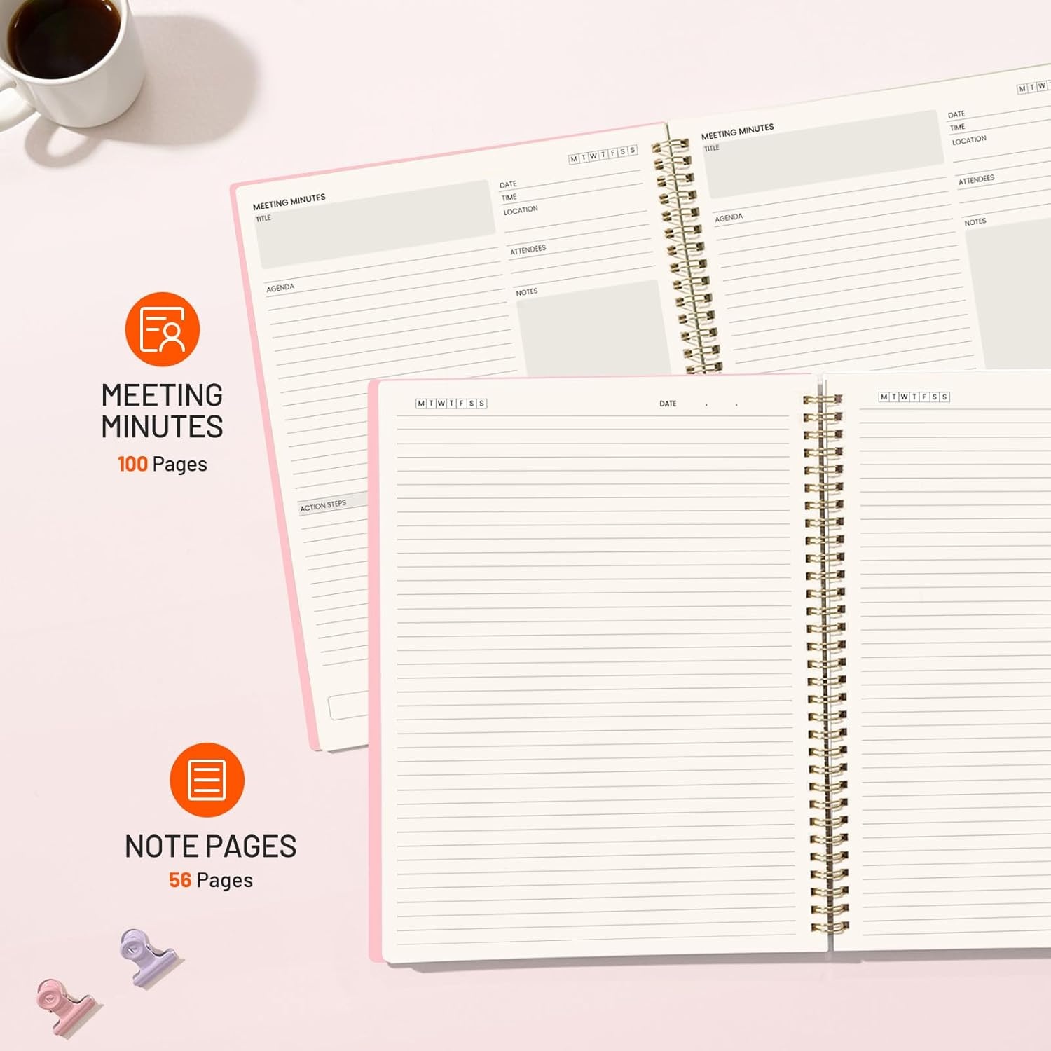 image:imageSUNEE Meeting Notebook for Work with Action Items 160 Pages A4 Size Project Planner Spiral Meeting AgendaMinutes Notebook Organizer for Women Men Note Taking Office amp Business 85x11 PurplePink