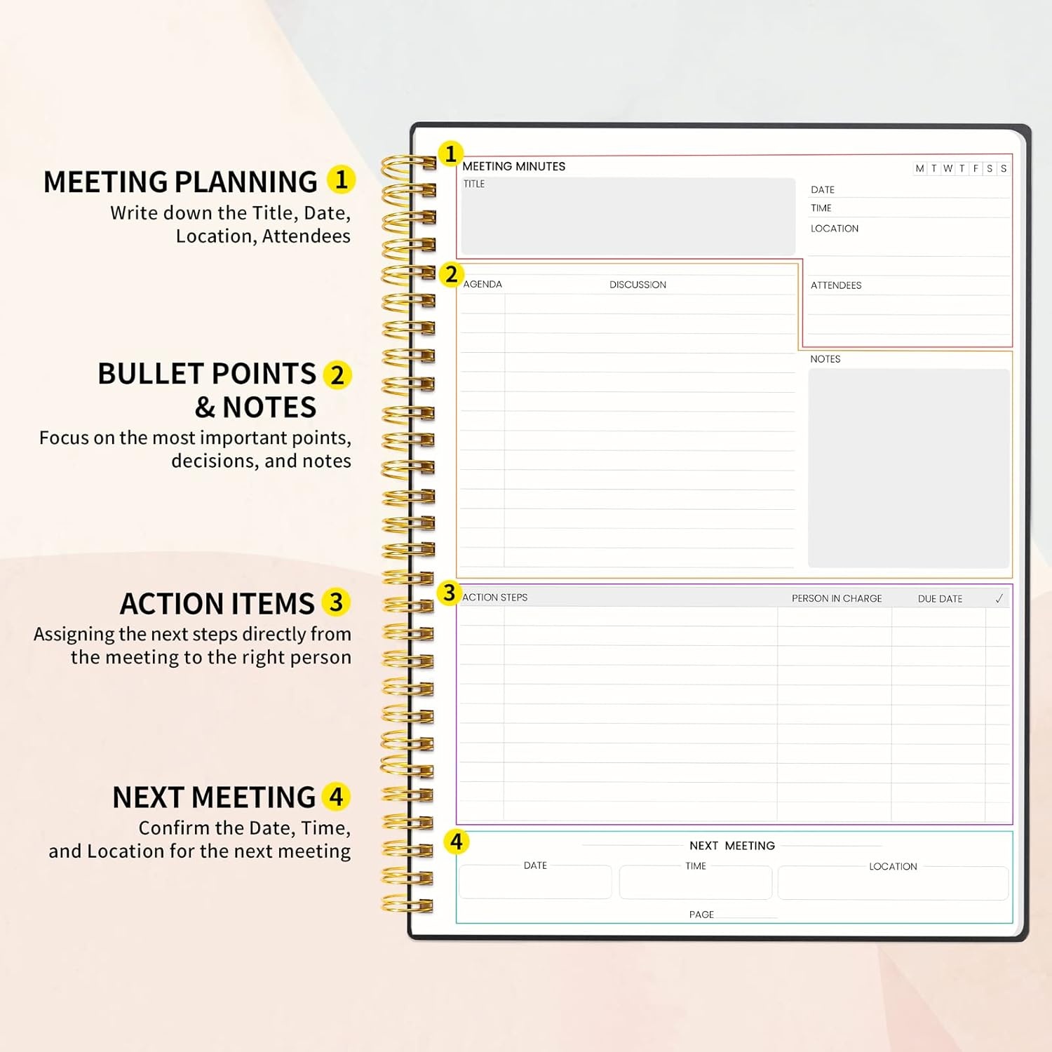 image:imageSUNEE Meeting Notebook for Work with Action Items 160 Pages A4 Size Project Planner Spiral Meeting AgendaMinutes Notebook Organizer for Women Men Note Taking Office amp Business 85x11 PurpleBlack