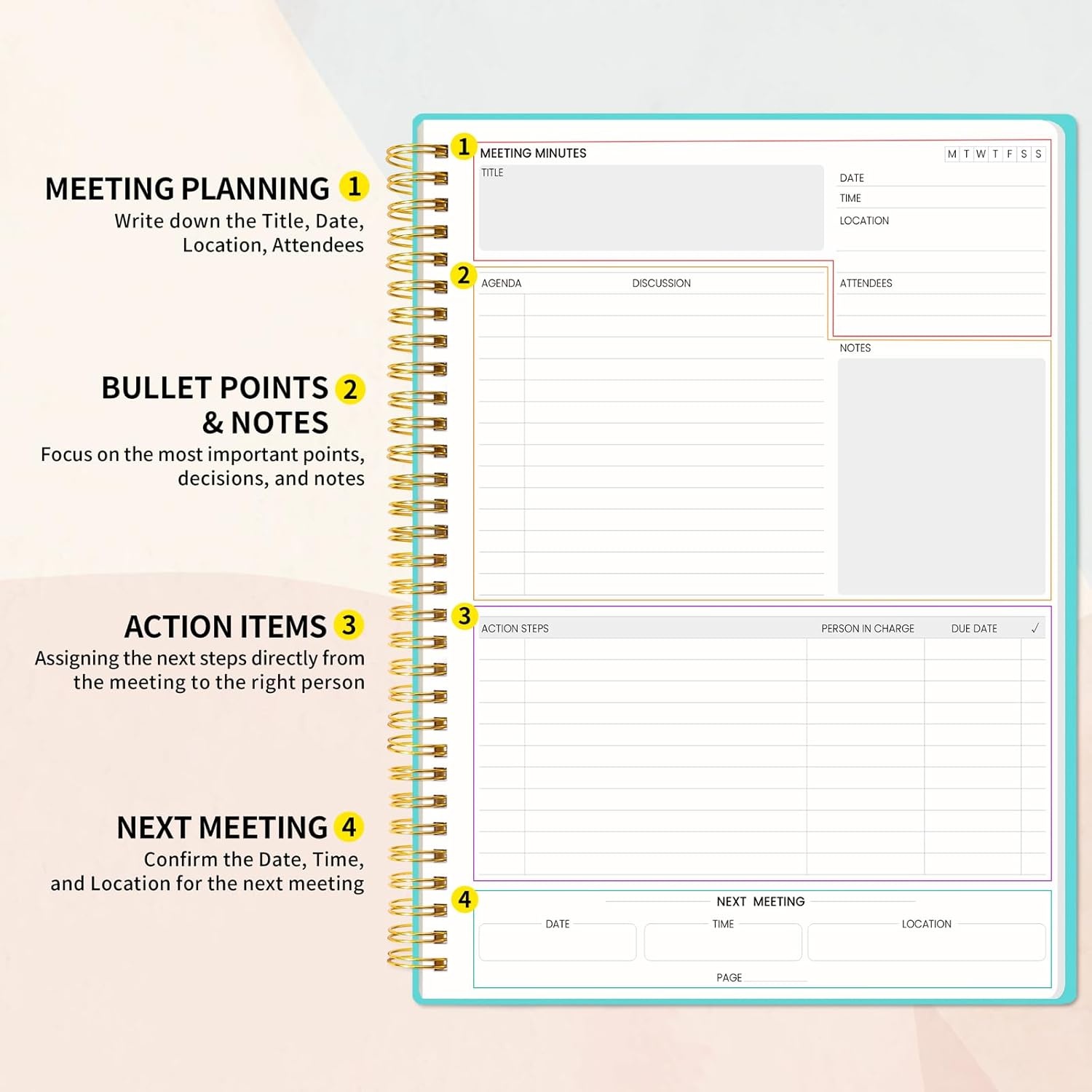 image:imageSUNEE Meeting Notebook for Work with Action Items 160 Pages A4 Size Project Planner Spiral Meeting AgendaMinutes Notebook Organizer for Women Men Note Taking Office amp Business 85x11 PurpleTeal
