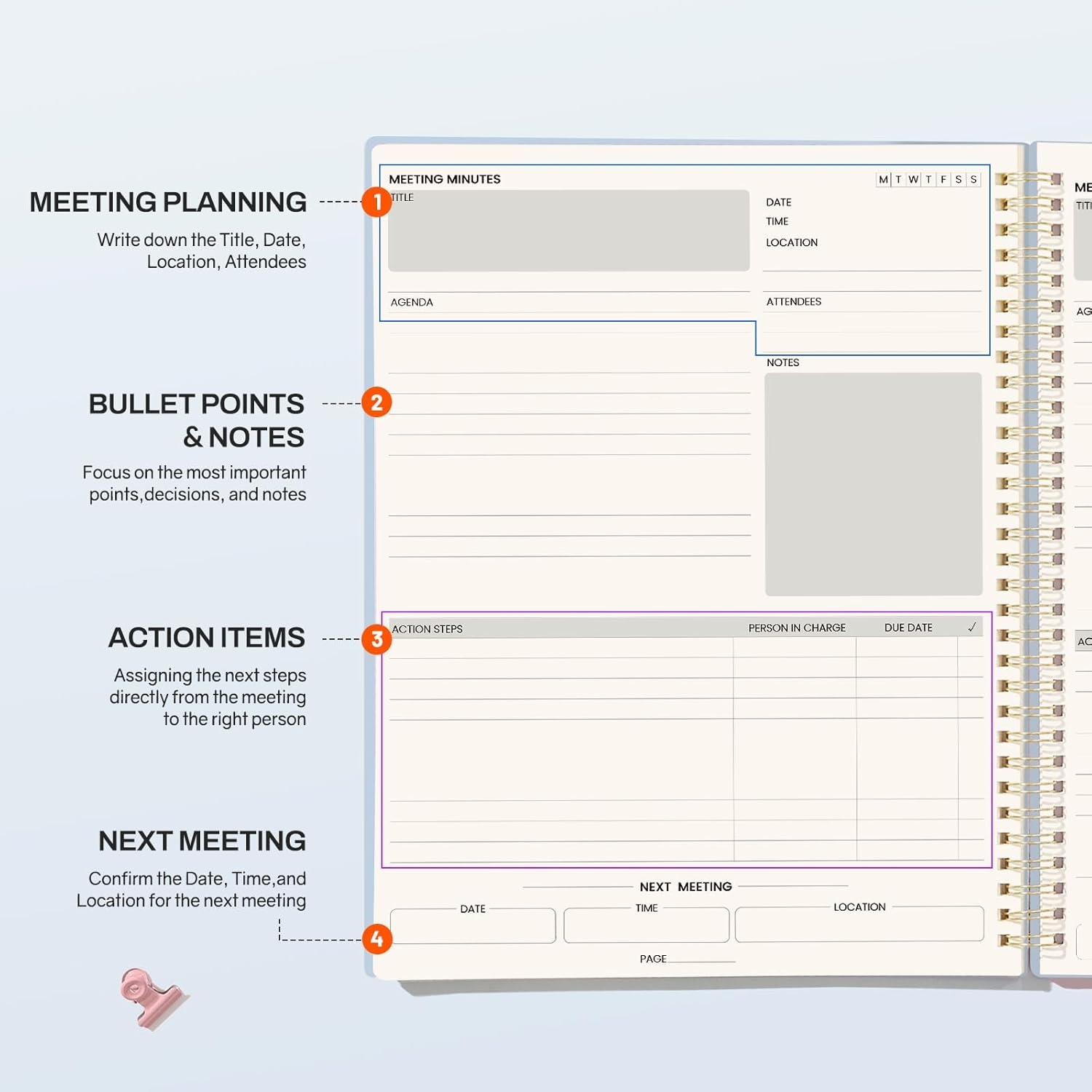 image:imageSUNEE Meeting Notebook for Work with Action Items 160 Pages A4 Size Project Planner Spiral Meeting AgendaMinutes Notebook Organizer for Women Men Note Taking Office amp Business 85x11 PurpleBlue