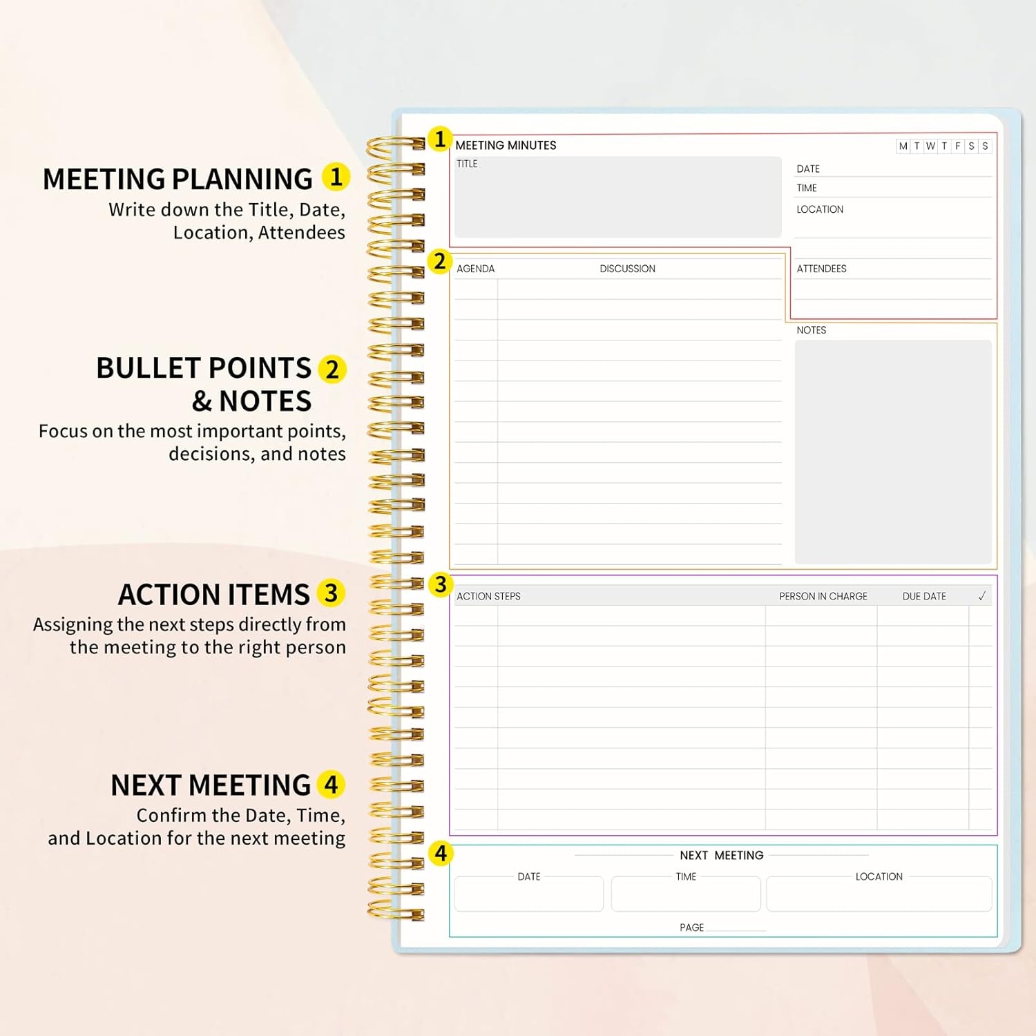 image:imageSUNEE Meeting Notebook for Work with Action Items 160 Pages A4 Size Project Planner Spiral Meeting AgendaMinutes Notebook Organizer for Women Men Note Taking Office amp Business 85x11 PurpleBlue