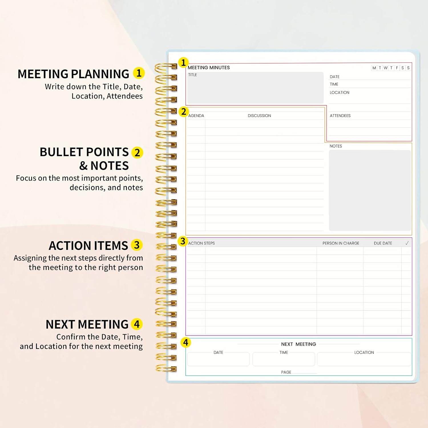 image:imageSUNEE Meeting Notebook for Work with Action Items 160 Pages A4 Size Project Planner Spiral Meeting AgendaMinutes Notebook Organizer for Women Men Note Taking Office amp Business 85x11 PurpleBlue