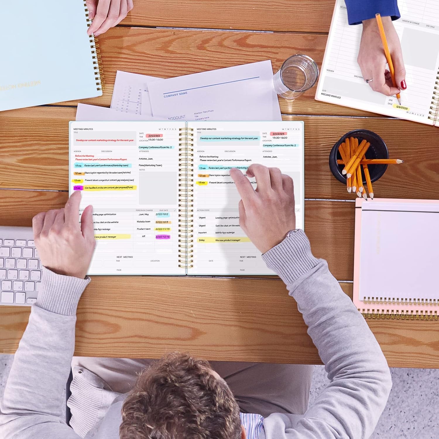 image:imageSUNEE Meeting Notebook for Work with Action Items 160 Pages A4 Size Project Planner Spiral Meeting AgendaMinutes Notebook Organizer for Women Men Note Taking Office amp Business 85x11 PurpleBlue
