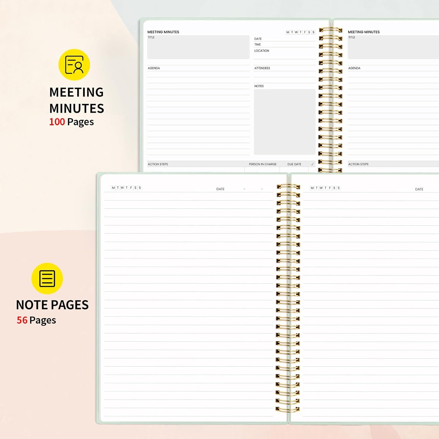 image:imageSUNEE Meeting Notebook for Work with Action Items 160 Pages A4 Size Project Planner Spiral Meeting AgendaMinutes Notebook Organizer for Women Men Note Taking Office amp Business 85x11 PurpleSage Green