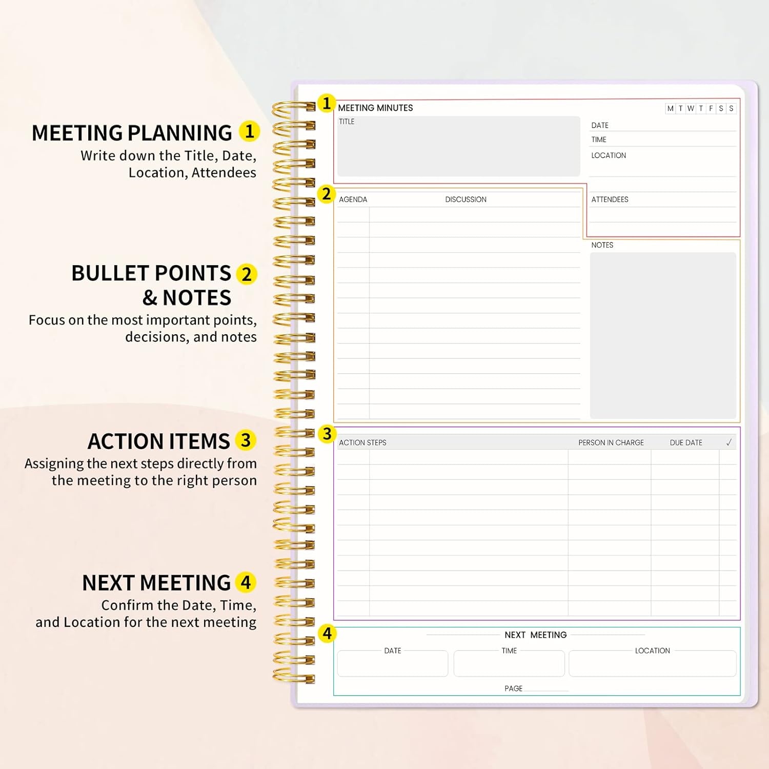 image:imageSUNEE Meeting Notebook for Work with Action Items 160 Pages A4 Size Project Planner Spiral Meeting AgendaMinutes Notebook Organizer for Women Men Note Taking Office amp Business 85x11 PurplePurple