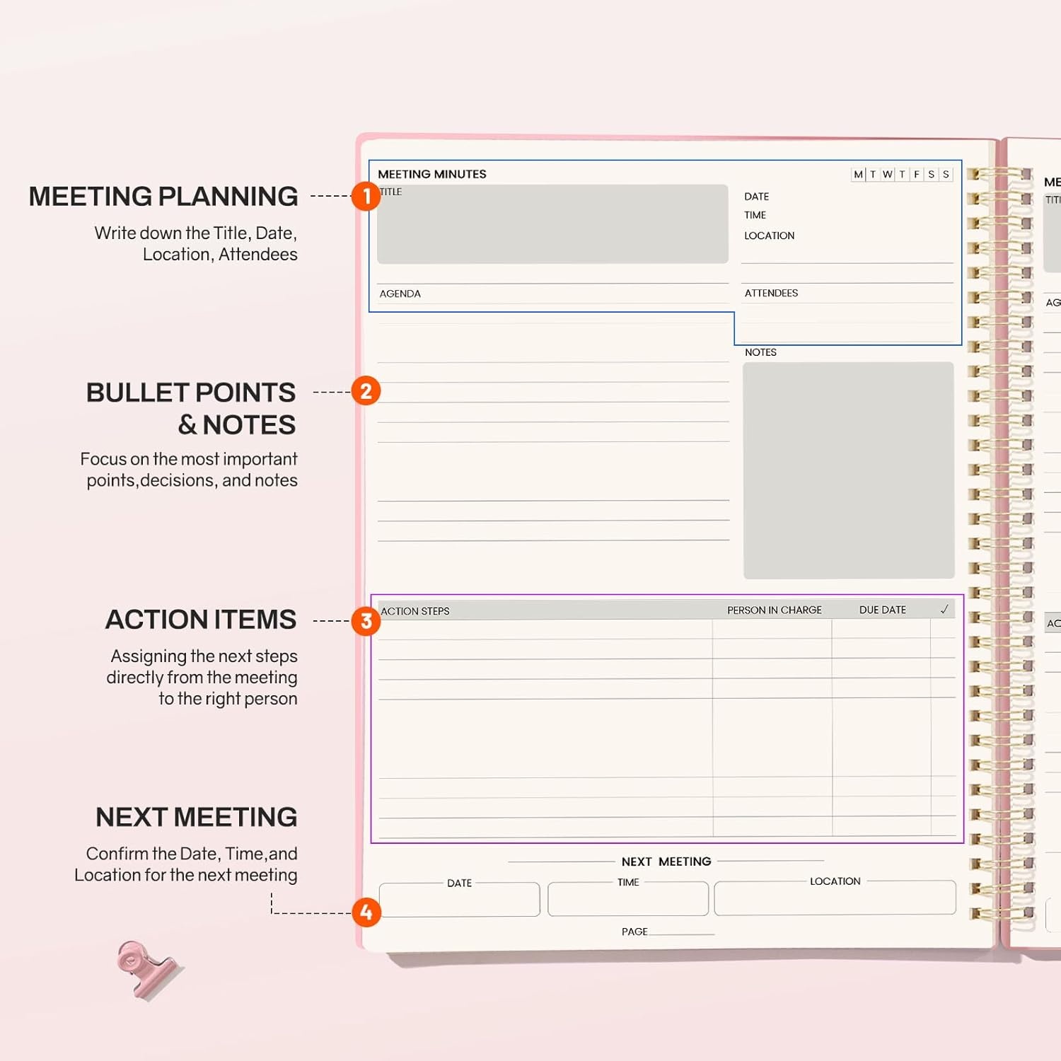 image:imageSUNEE Meeting Notebook for Work with Action Items 160 Pages A4 Size Project Planner Spiral Meeting AgendaMinutes Notebook Organizer for Women Men Note Taking Office amp Business 85x11 PurplePink