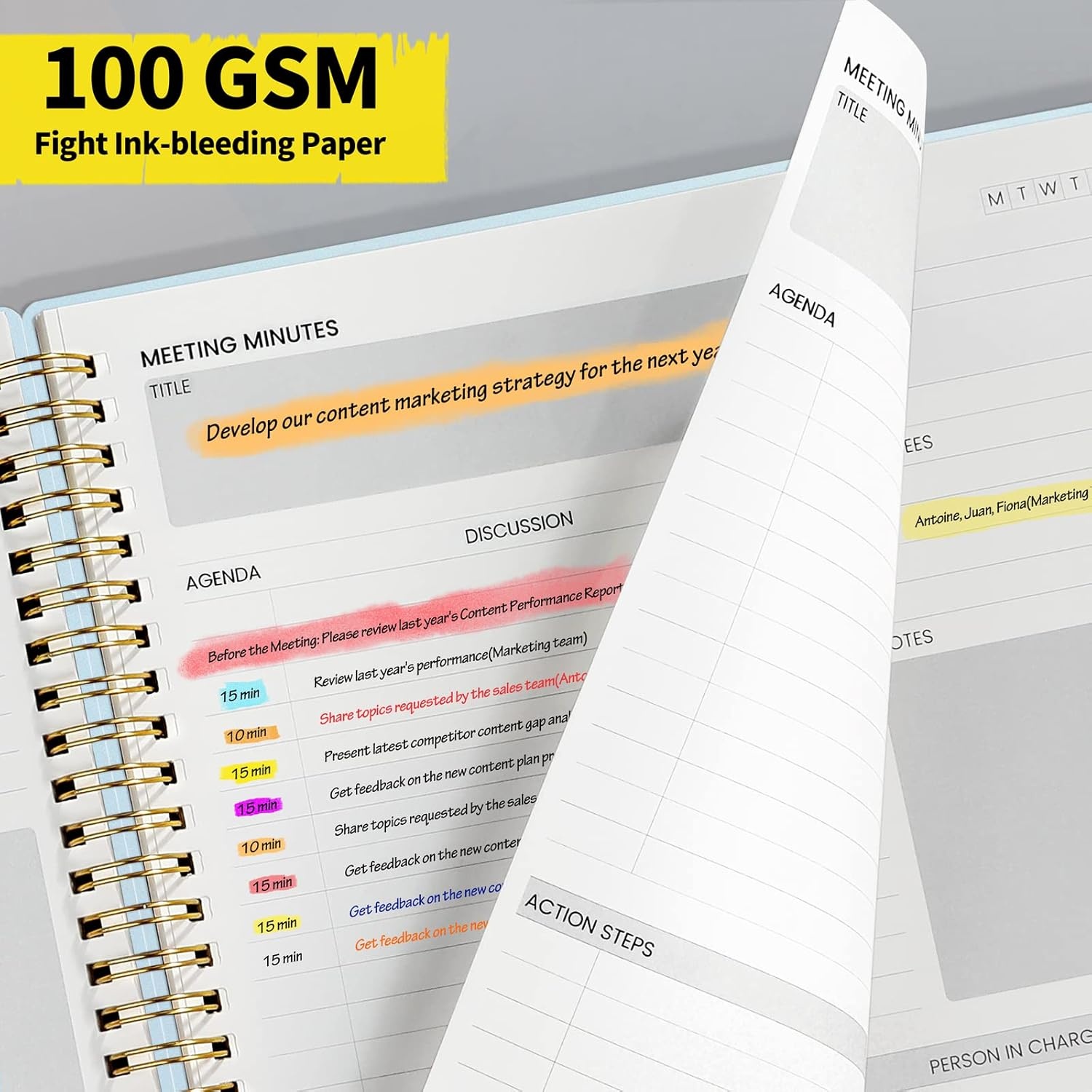 image:imageSUNEE Meeting Notebook for Work with Action Items 160 Pages A4 Size Project Planner Spiral Meeting AgendaMinutes Notebook Organizer for Women Men Note Taking Office amp Business 85x11 PurpleBlue