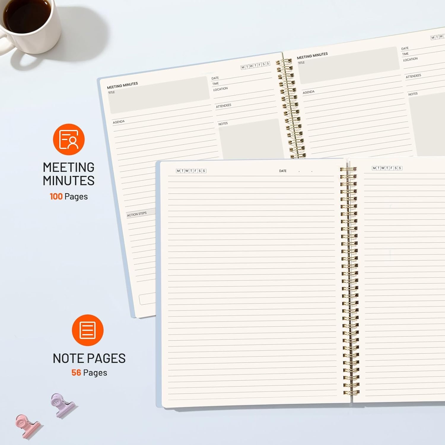 image:imageSUNEE Meeting Notebook for Work with Action Items 160 Pages A4 Size Project Planner Spiral Meeting AgendaMinutes Notebook Organizer for Women Men Note Taking Office amp Business 85x11 PurpleBlue