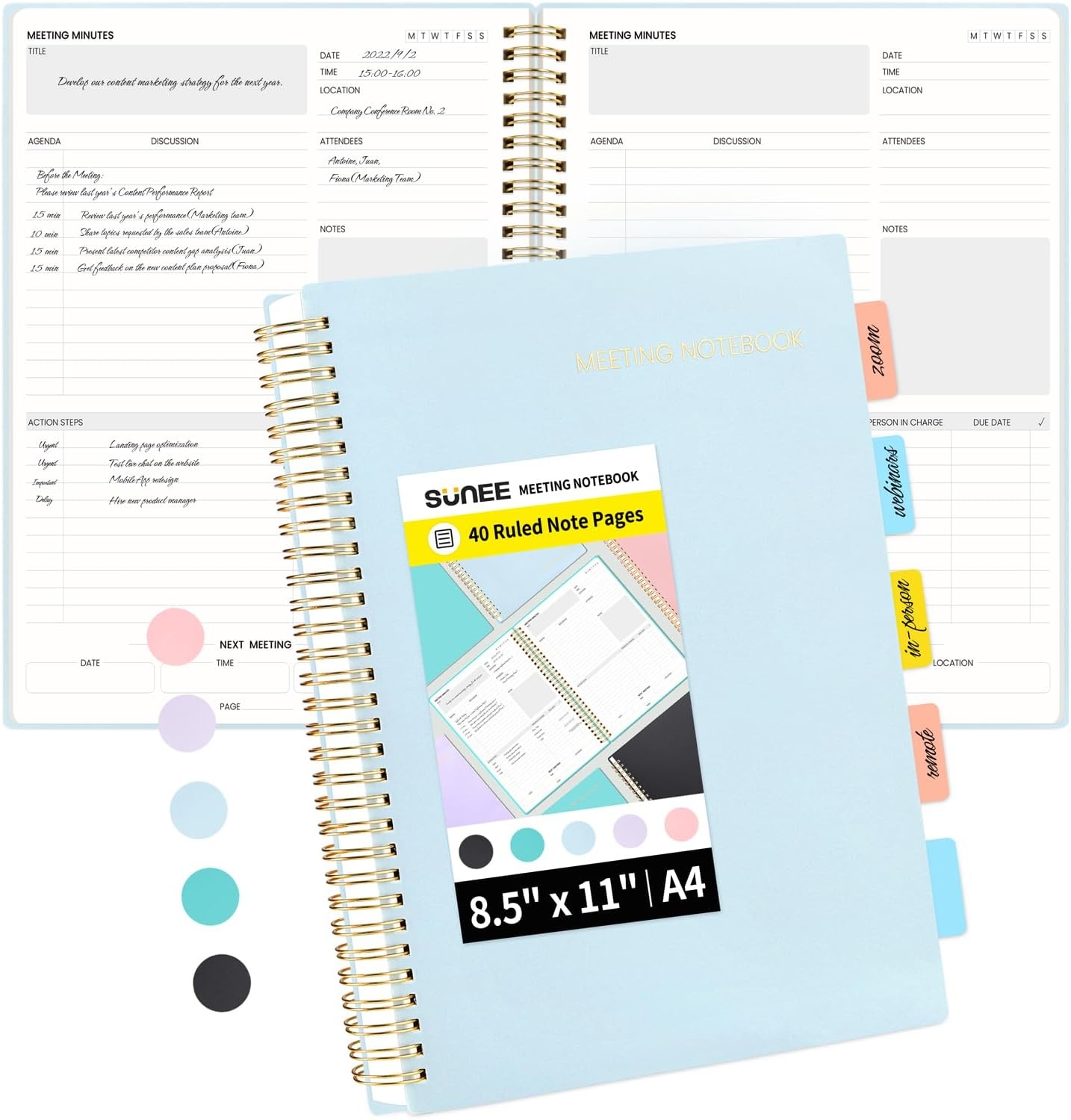 image:imageSUNEE Meeting Notebook for Work with Action Items 160 Pages A4 Size Project Planner Spiral Meeting AgendaMinutes Notebook Organizer for Women Men Note Taking Office amp Business 85x11 PurpleBlue
