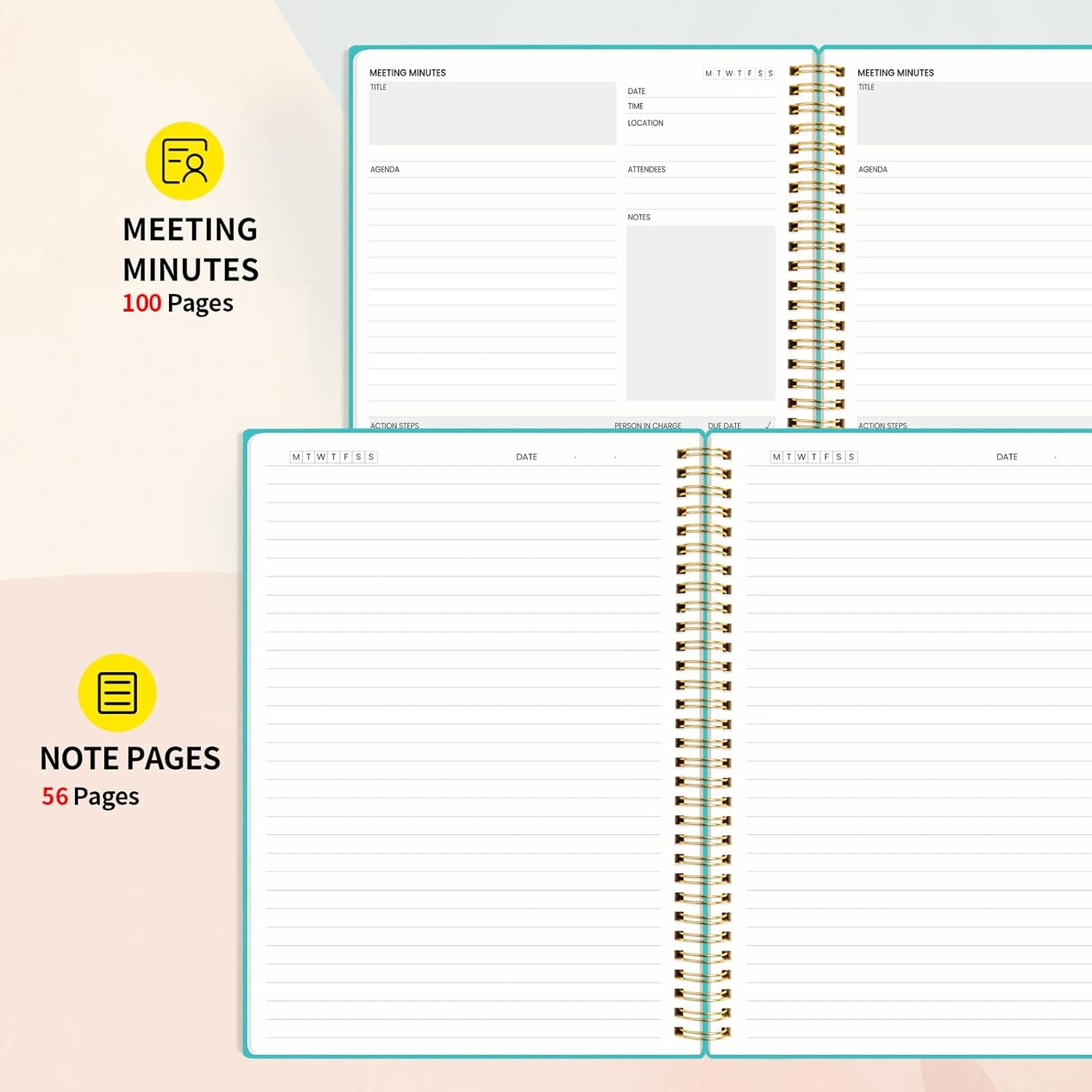 image:imageSUNEE Meeting Notebook for Work with Action Items 160 Pages A4 Size Project Planner Spiral Meeting AgendaMinutes Notebook Organizer for Women Men Note Taking Office amp Business 85x11 PurpleTeal