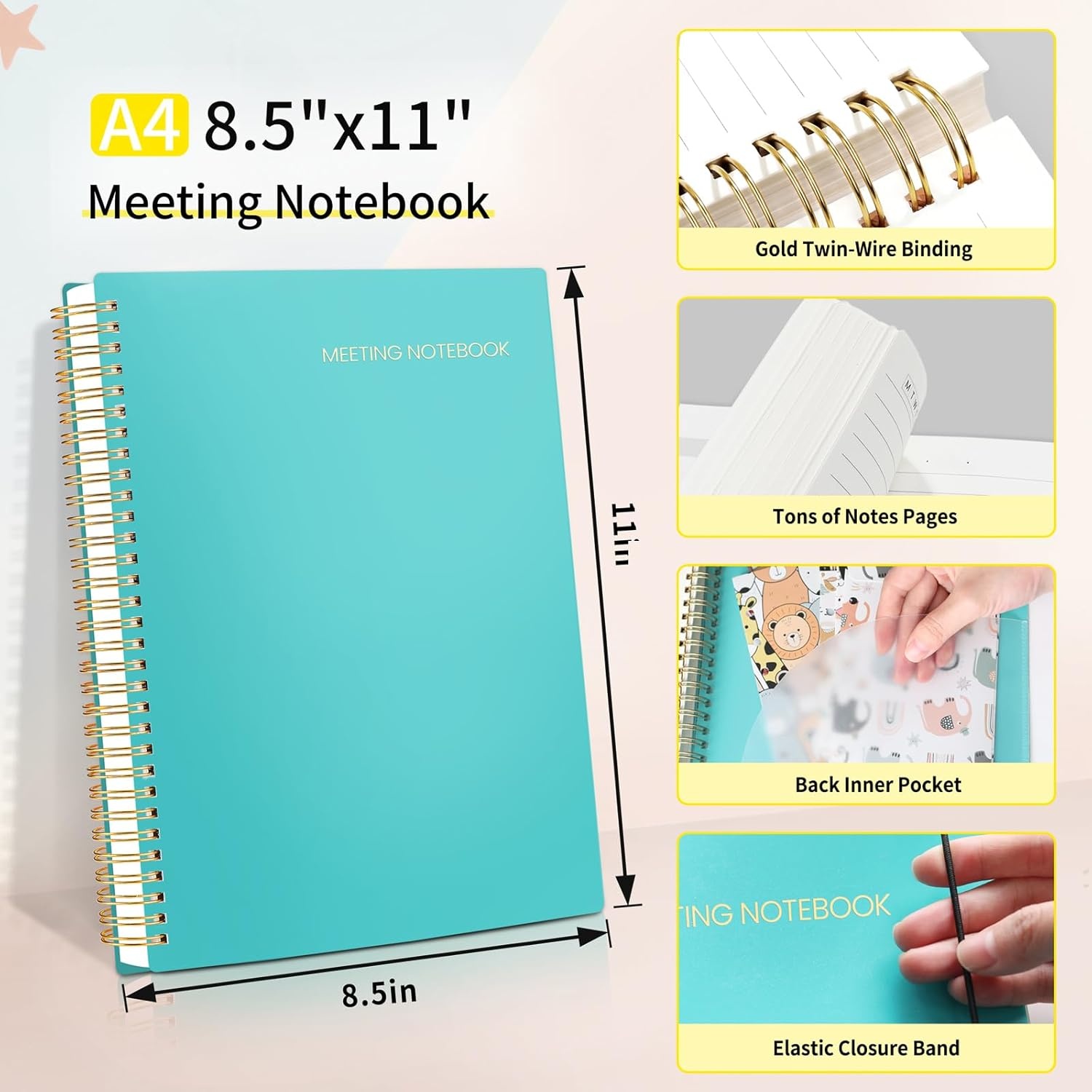 image:imageSUNEE Meeting Notebook for Work with Action Items 160 Pages A4 Size Project Planner Spiral Meeting AgendaMinutes Notebook Organizer for Women Men Note Taking Office amp Business 85x11 PurpleTeal
