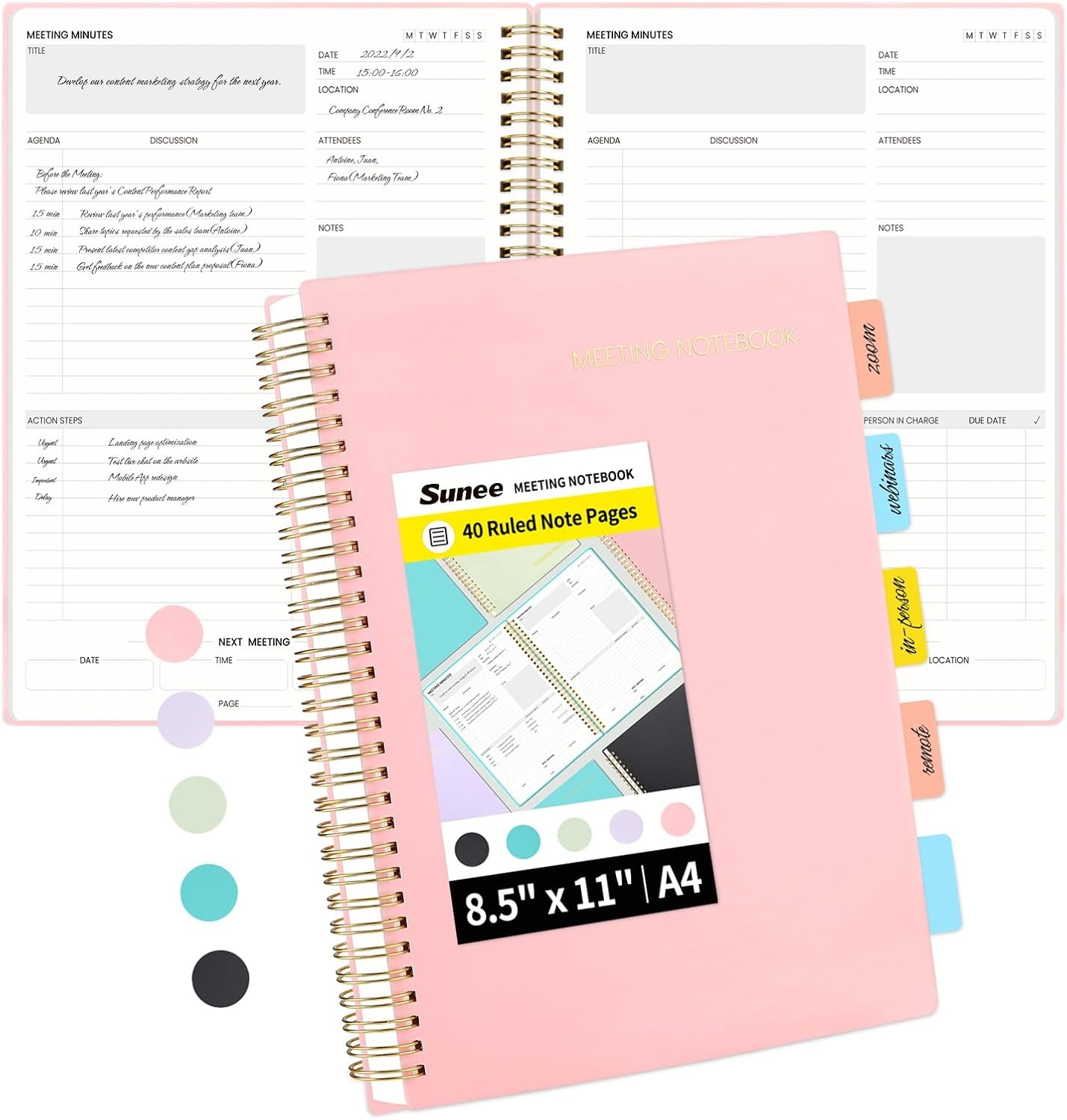 image:imageSUNEE Meeting Notebook for Work with Action Items 160 Pages A4 Size Project Planner Spiral Meeting AgendaMinutes Notebook Organizer for Women Men Note Taking Office amp Business 85x11 PurplePink
