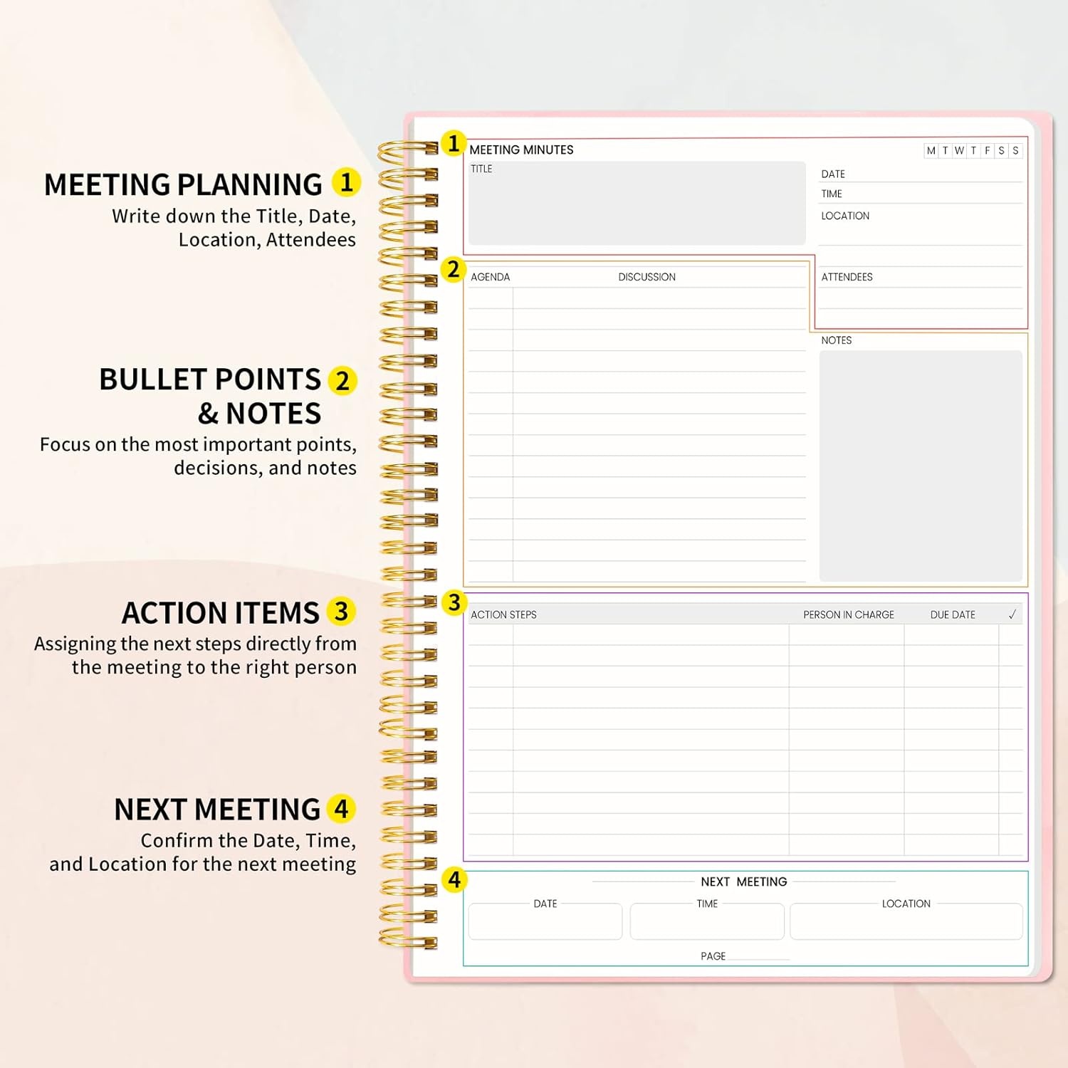 image:imageSUNEE Meeting Notebook for Work with Action Items 160 Pages A4 Size Project Planner Spiral Meeting AgendaMinutes Notebook Organizer for Women Men Note Taking Office amp Business 85x11 PurplePink