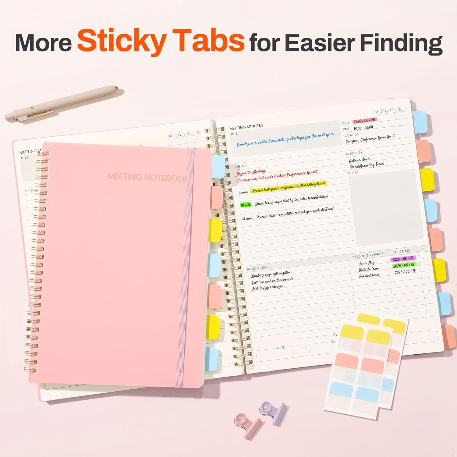 image:imageSUNEE Meeting Notebook for Work with Action Items 160 Pages A4 Size Project Planner Spiral Meeting AgendaMinutes Notebook Organizer for Women Men Note Taking Office amp Business 85x11 PurplePink