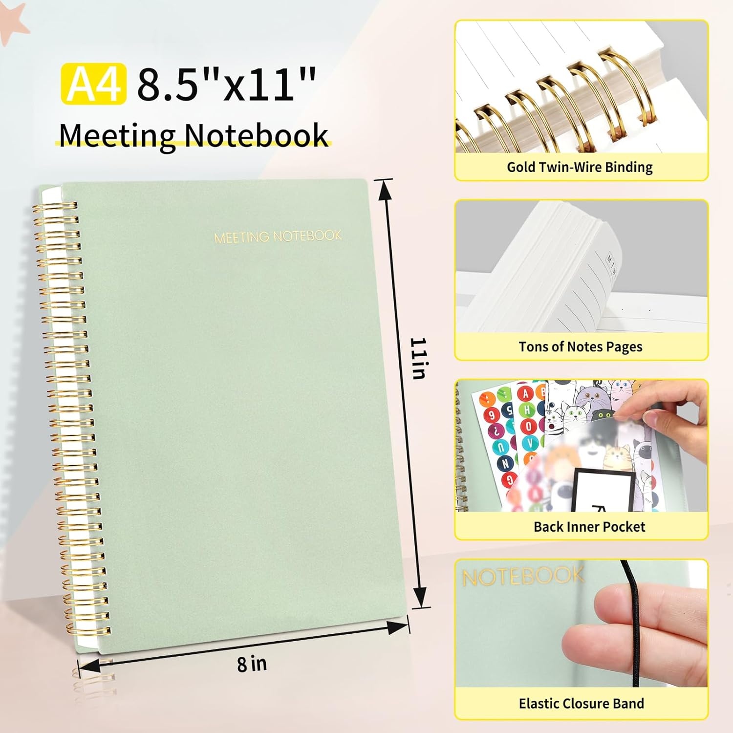 image:imageSUNEE Meeting Notebook for Work with Action Items 160 Pages A4 Size Project Planner Spiral Meeting AgendaMinutes Notebook Organizer for Women Men Note Taking Office amp Business 85x11 PurpleSage Green