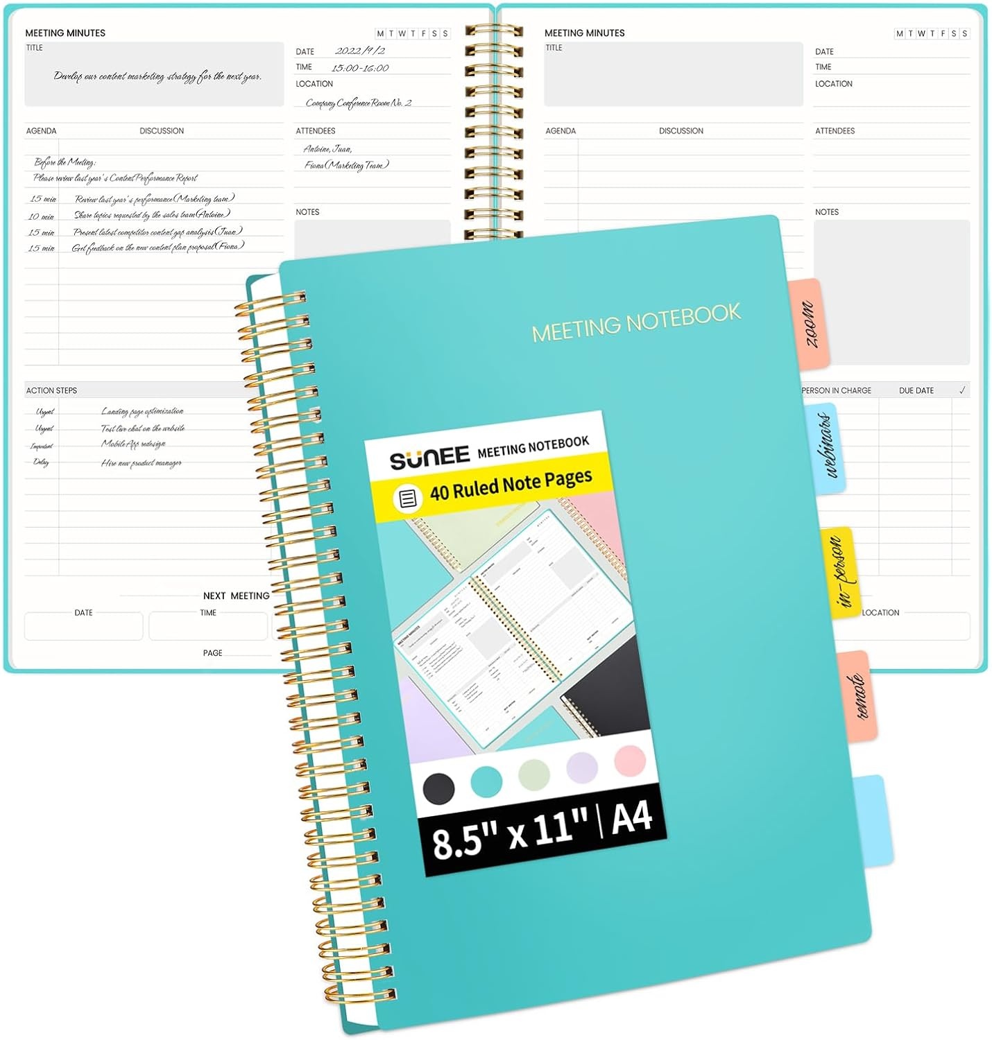 image:imageSUNEE Meeting Notebook for Work with Action Items 160 Pages A4 Size Project Planner Spiral Meeting AgendaMinutes Notebook Organizer for Women Men Note Taking Office amp Business 85x11 PurpleTeal