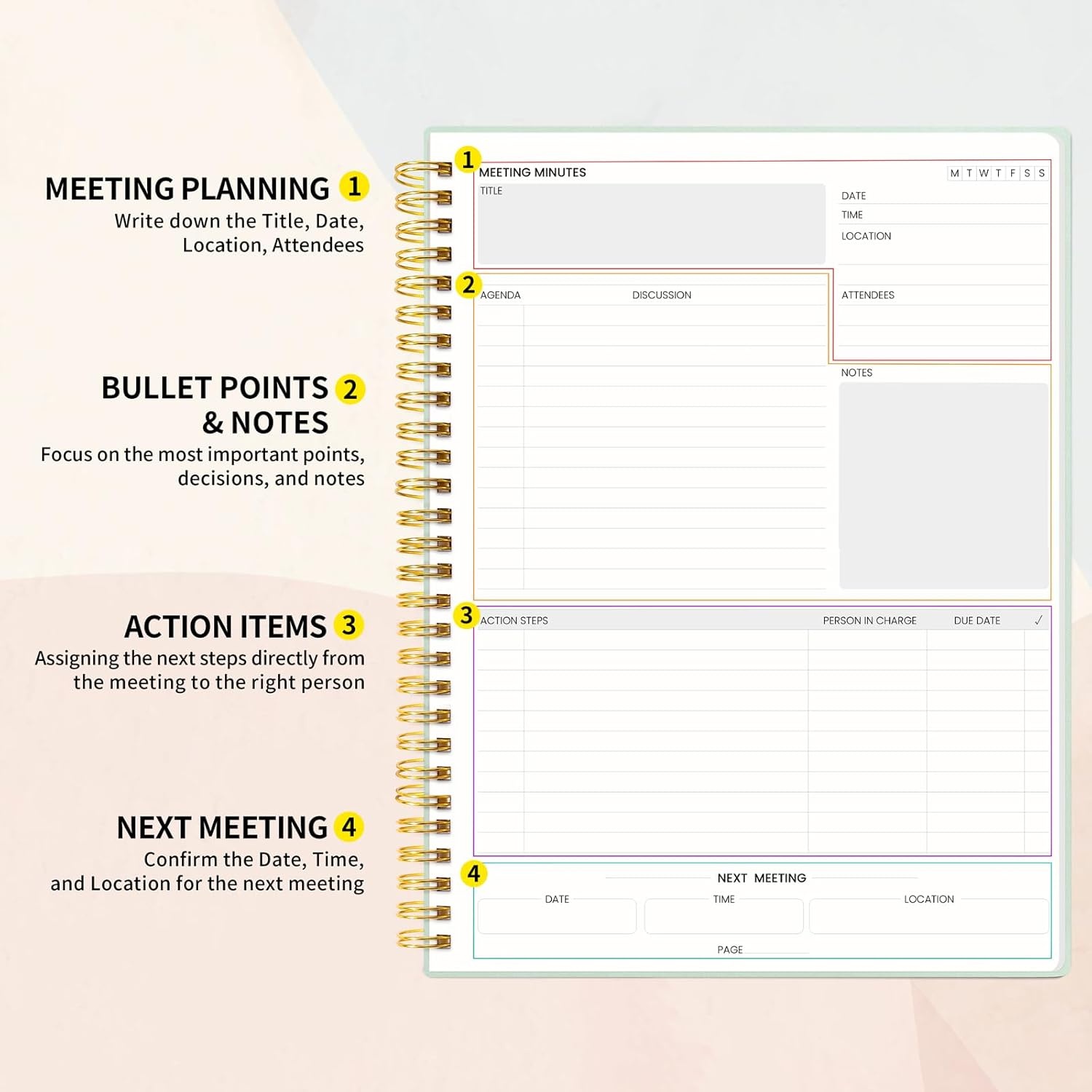 image:imageSUNEE Meeting Notebook for Work with Action Items 160 Pages A4 Size Project Planner Spiral Meeting AgendaMinutes Notebook Organizer for Women Men Note Taking Office amp Business 85x11 PurpleSage Green