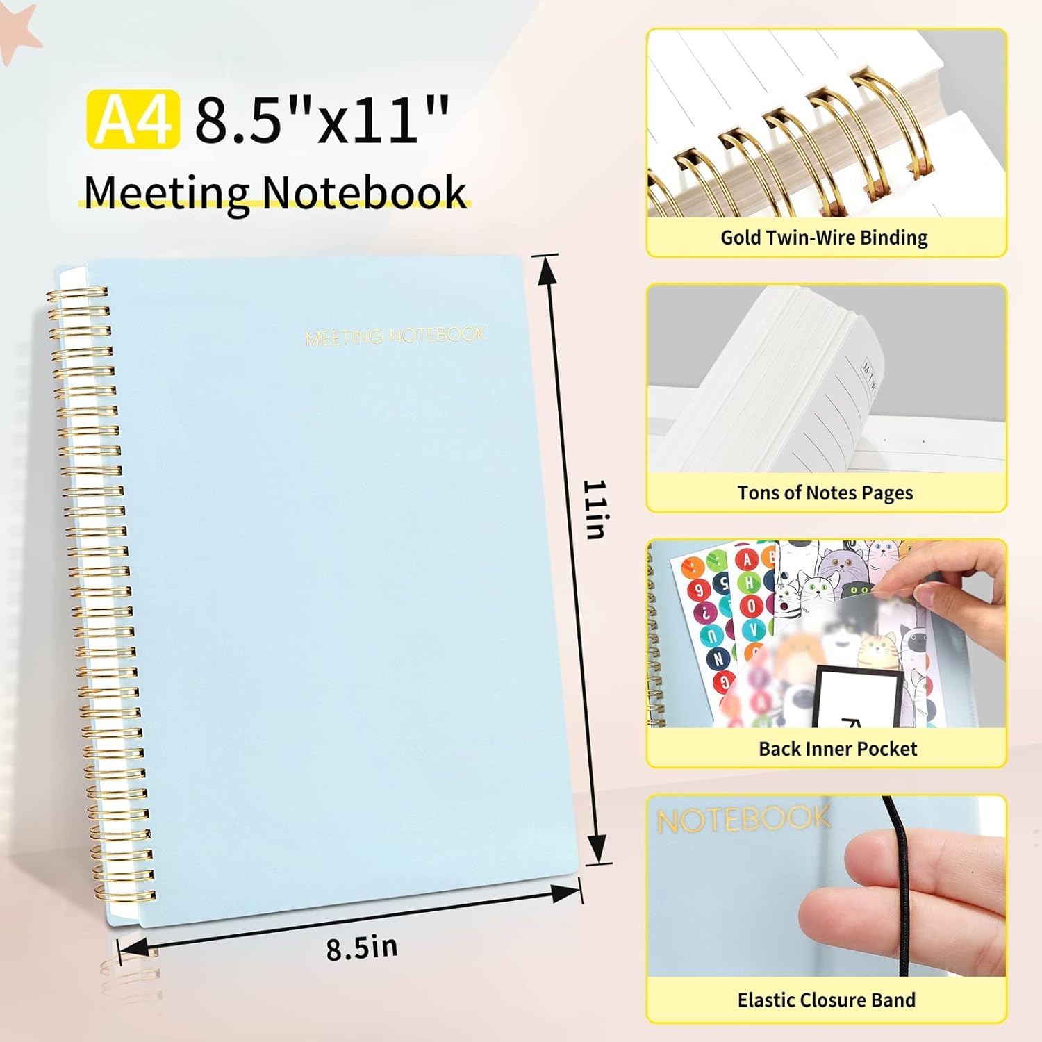 image:imageSUNEE Meeting Notebook for Work with Action Items 160 Pages A4 Size Project Planner Spiral Meeting AgendaMinutes Notebook Organizer for Women Men Note Taking Office amp Business 85x11 PurpleBlue