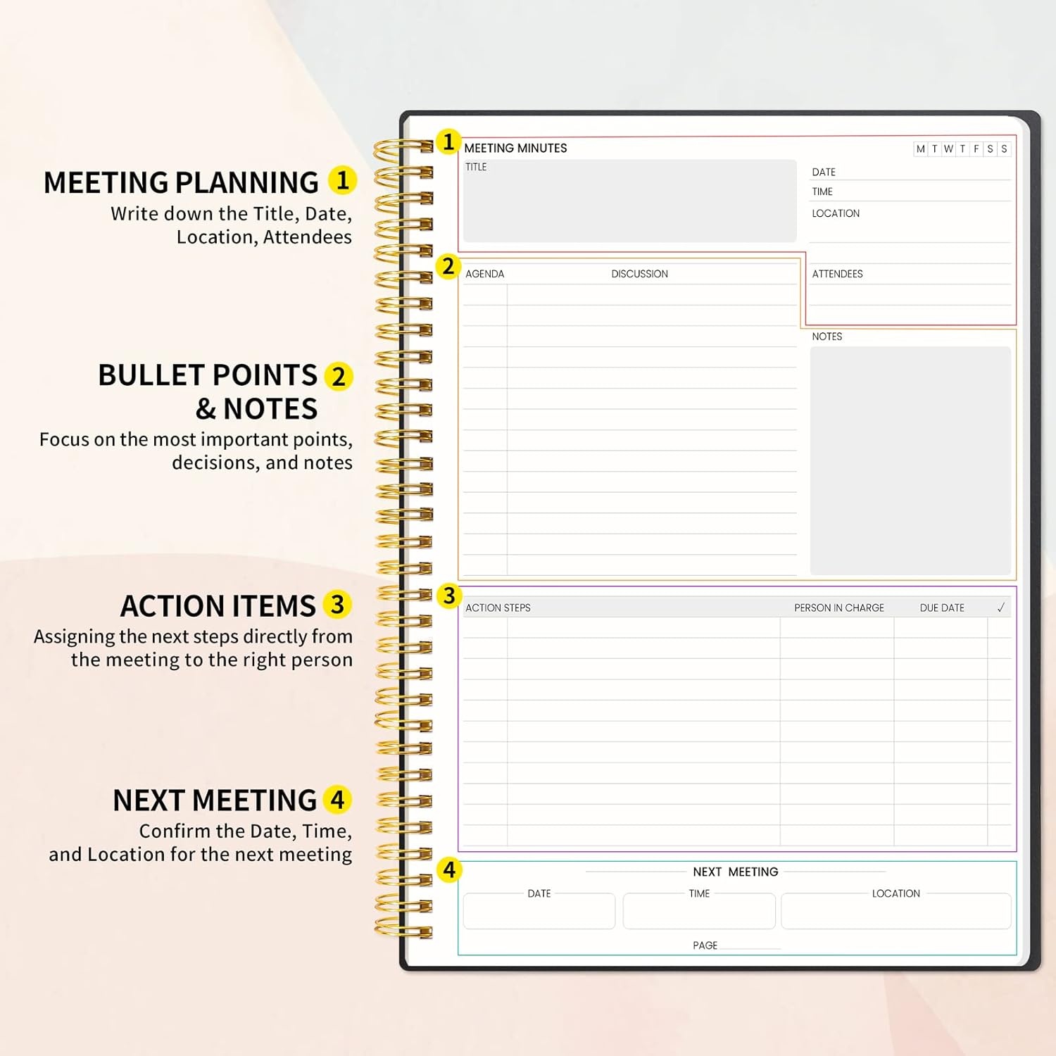 image:imageSUNEE Meeting Notebook for Work with Action Items 160 Pages A4 Size Project Planner Spiral Meeting AgendaMinutes Notebook Organizer for Women Men Note Taking Office amp Business 85x11 PurpleBlack