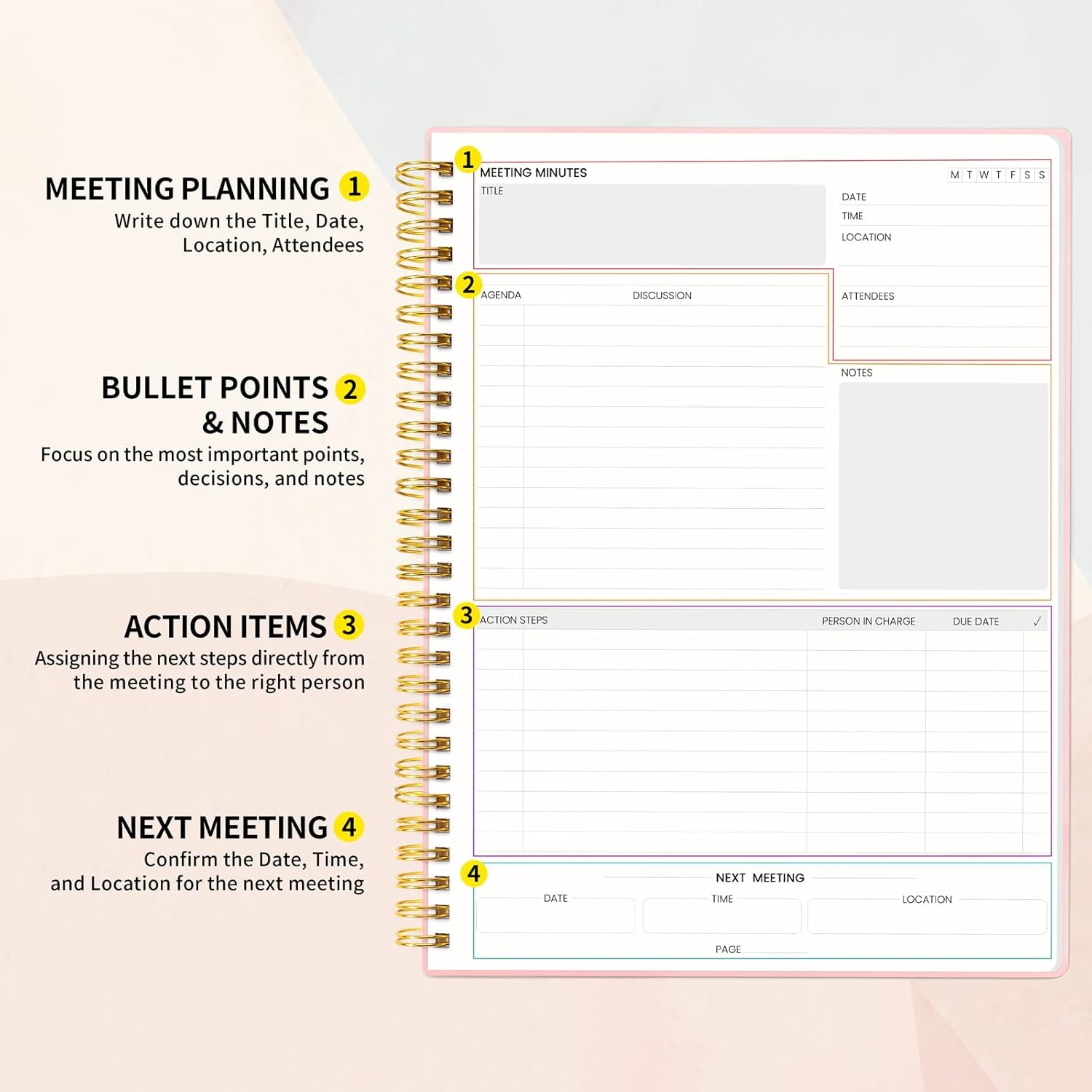 image:imageSUNEE Meeting Notebook for Work with Action Items 160 Pages A4 Size Project Planner Spiral Meeting AgendaMinutes Notebook Organizer for Women Men Note Taking Office amp Business 85x11 PurplePink
