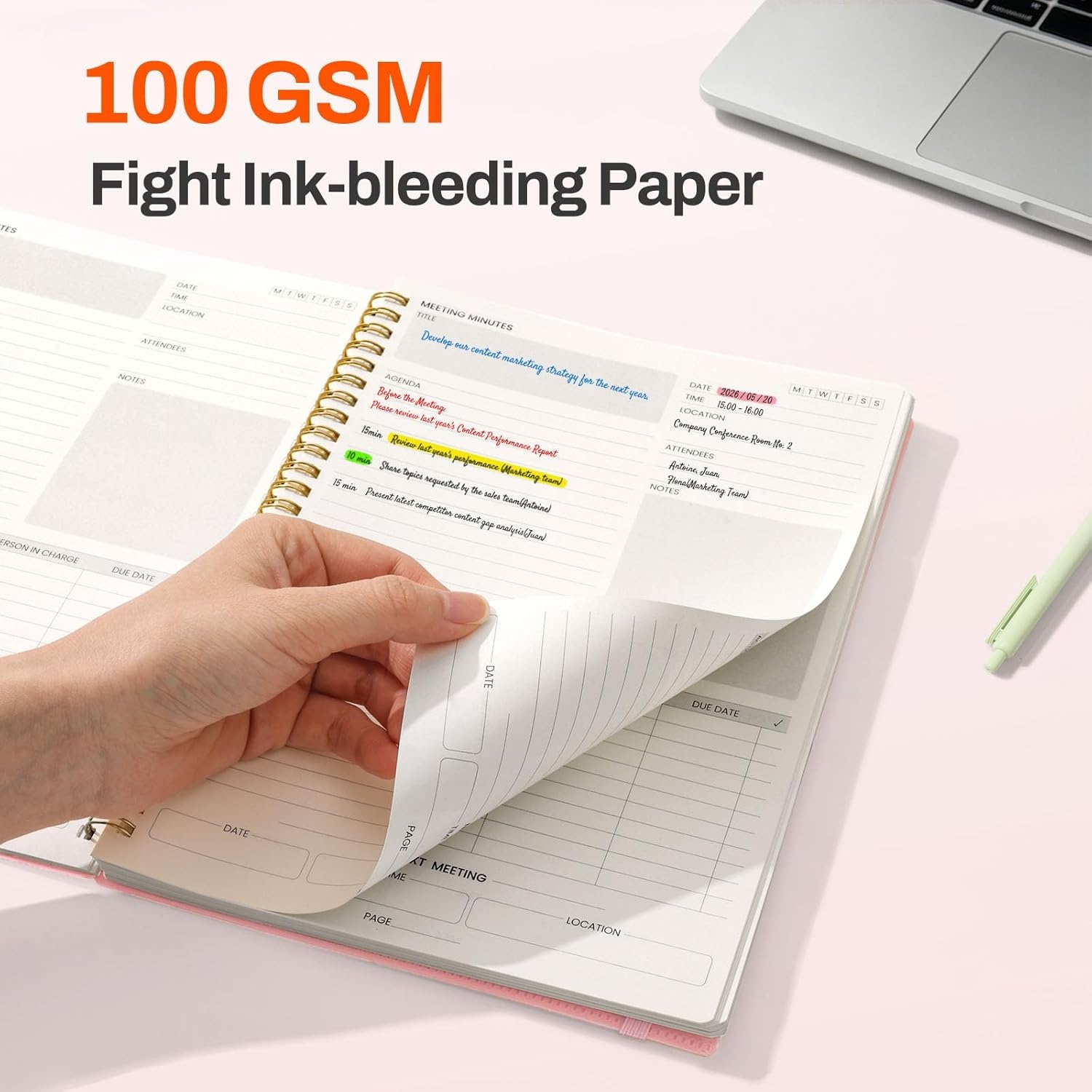 image:imageSUNEE Meeting Notebook for Work with Action Items 160 Pages A4 Size Project Planner Spiral Meeting AgendaMinutes Notebook Organizer for Women Men Note Taking Office amp Business 85x11 PurplePink