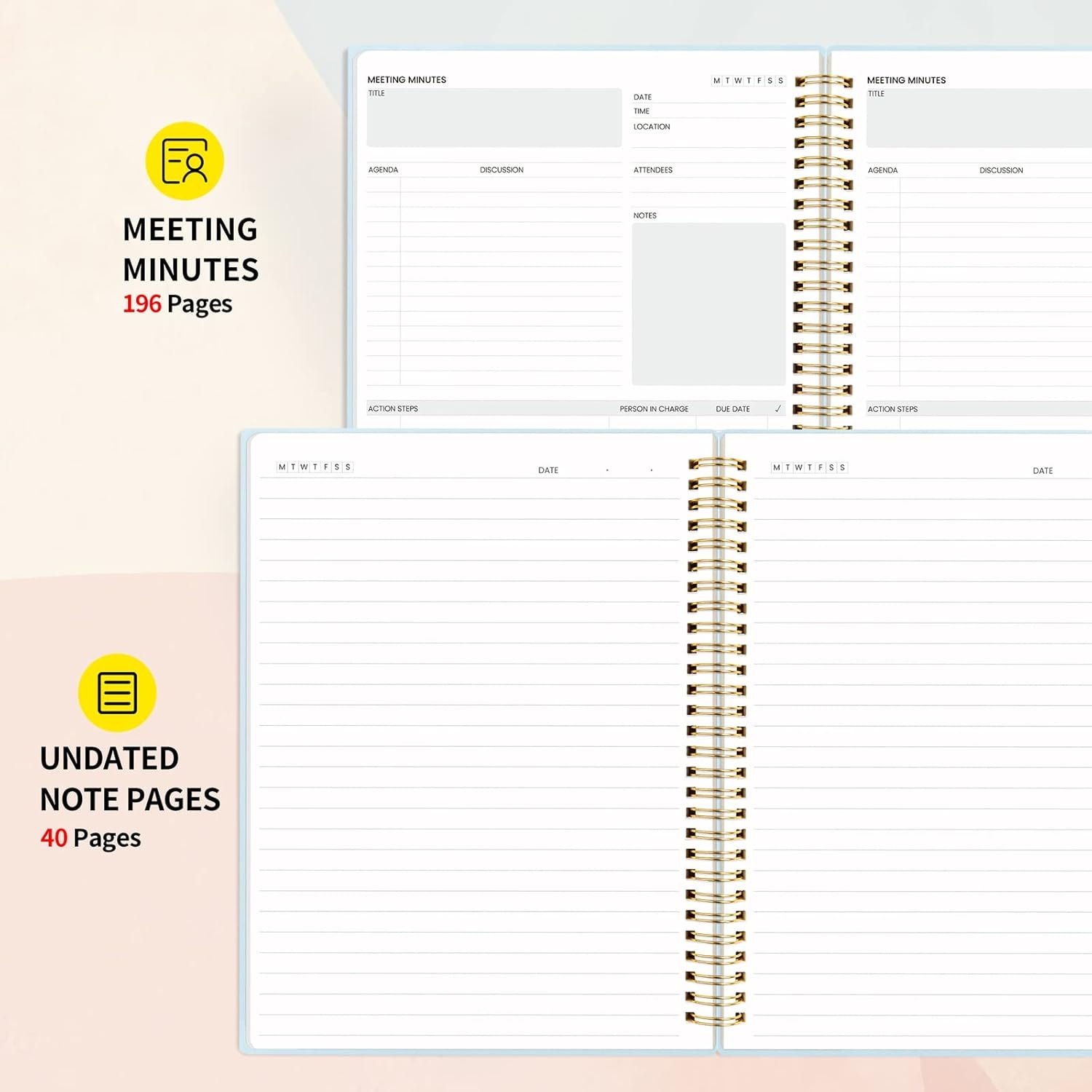 image:imageSUNEE Meeting Notebook for Work with Action Items 160 Pages A4 Size Project Planner Spiral Meeting AgendaMinutes Notebook Organizer for Women Men Note Taking Office amp Business 85x11 PurpleBlue