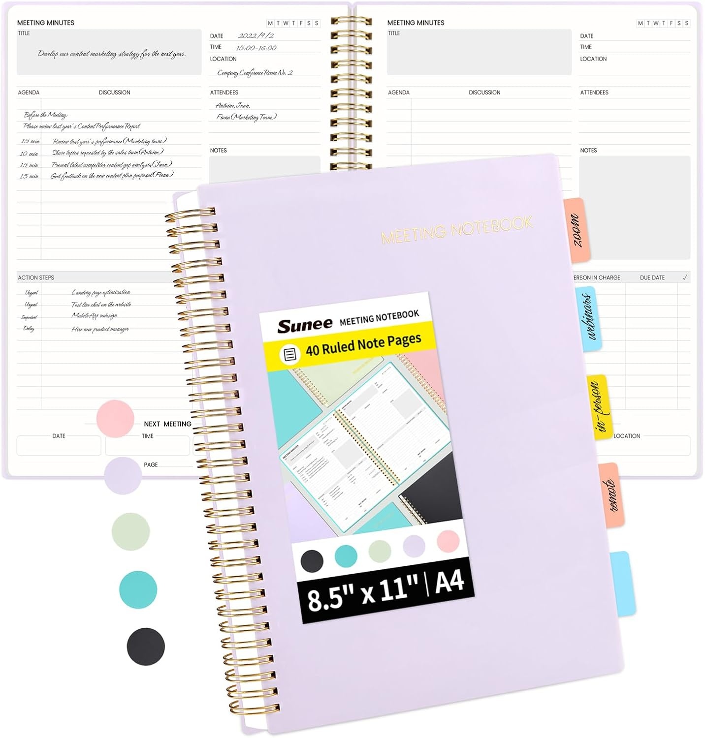 image:imageSUNEE Meeting Notebook for Work with Action Items 160 Pages A4 Size Project Planner Spiral Meeting AgendaMinutes Notebook Organizer for Women Men Note Taking Office amp Business 85x11 PurplePurple