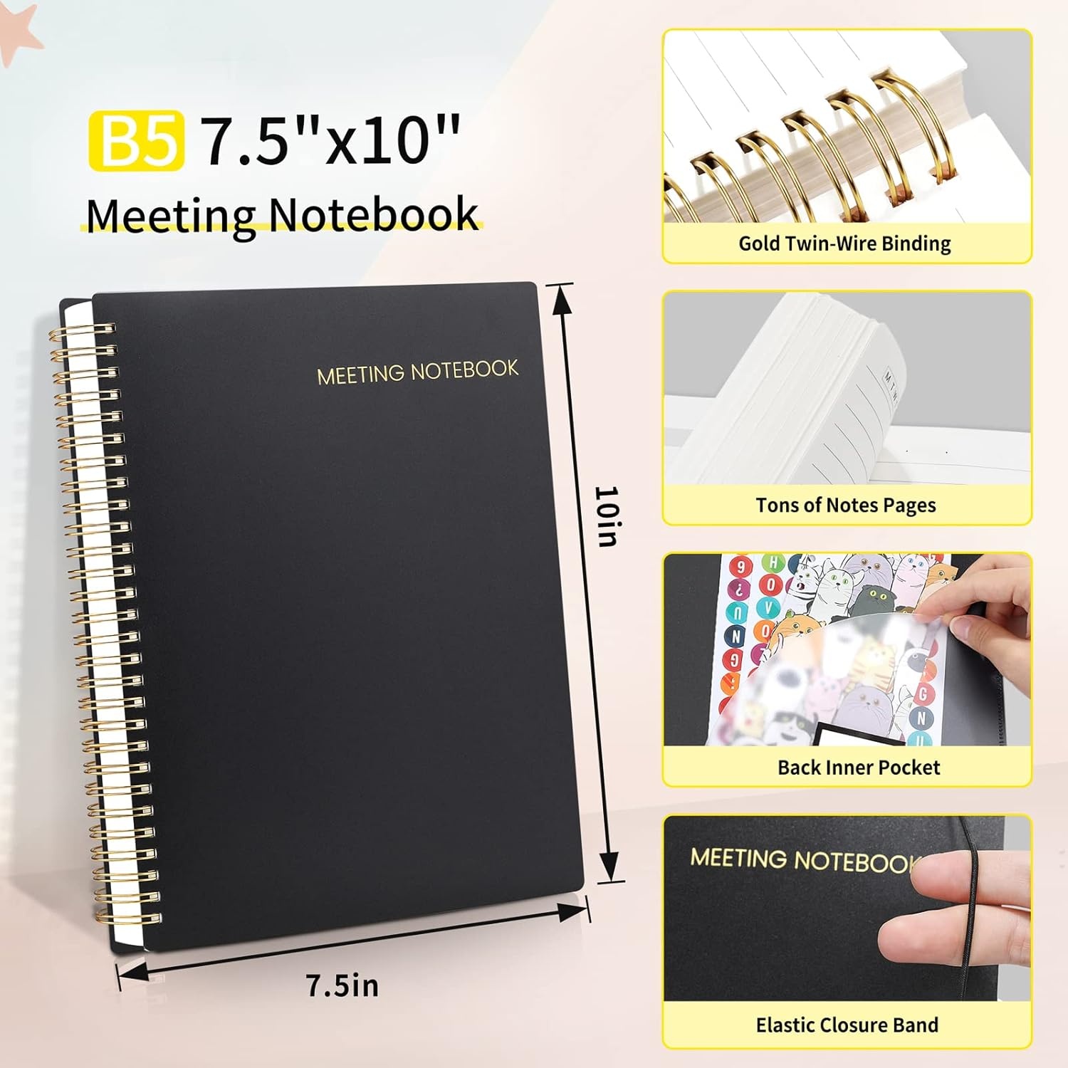 image:imageSUNEE Meeting Notebook for Work with Action Items 160 Pages A4 Size Project Planner Spiral Meeting AgendaMinutes Notebook Organizer for Women Men Note Taking Office amp Business 85x11 PurpleBlack