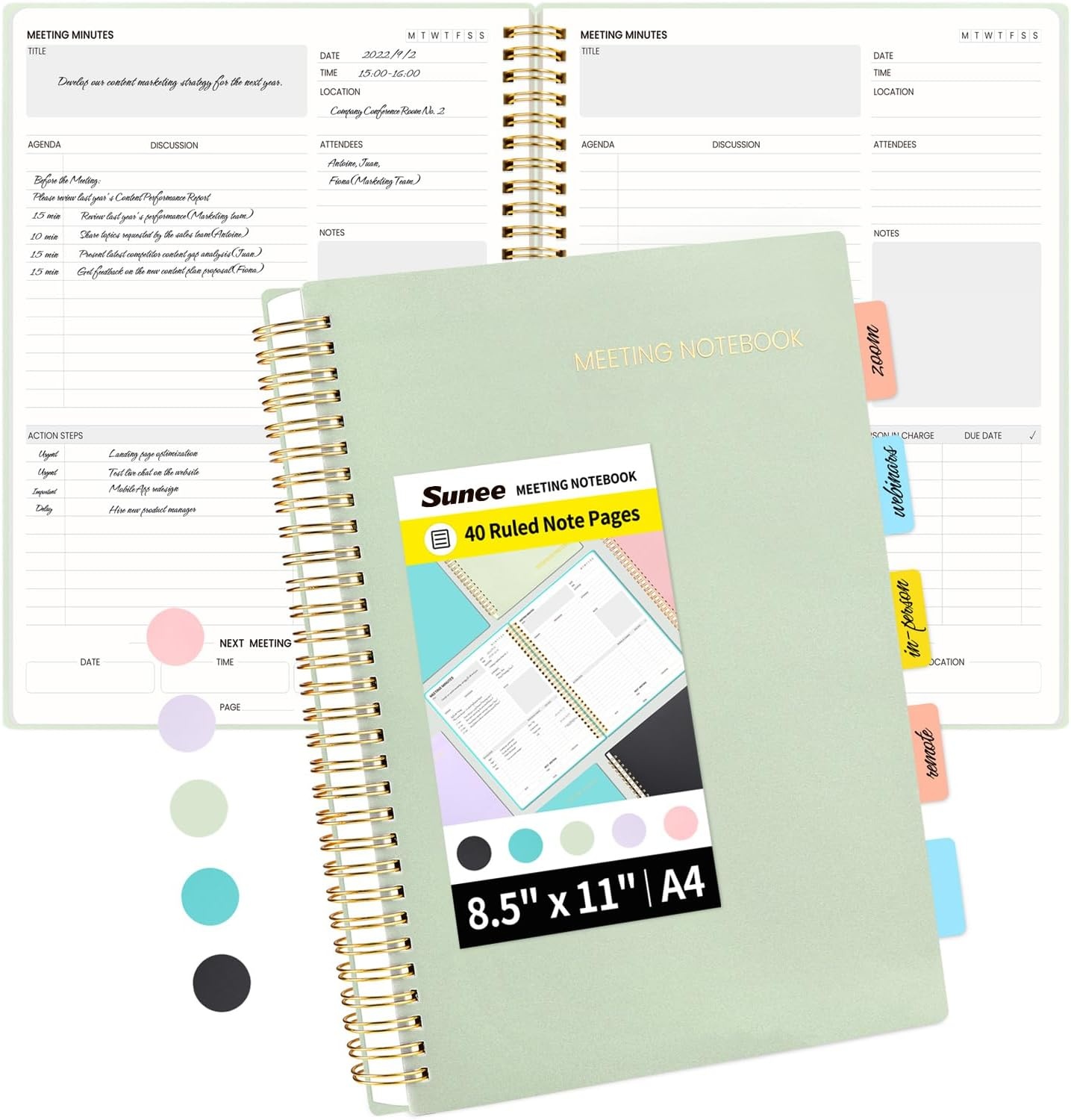 image:imageSUNEE Meeting Notebook for Work with Action Items 160 Pages A4 Size Project Planner Spiral Meeting AgendaMinutes Notebook Organizer for Women Men Note Taking Office amp Business 85x11 PurpleSage Green