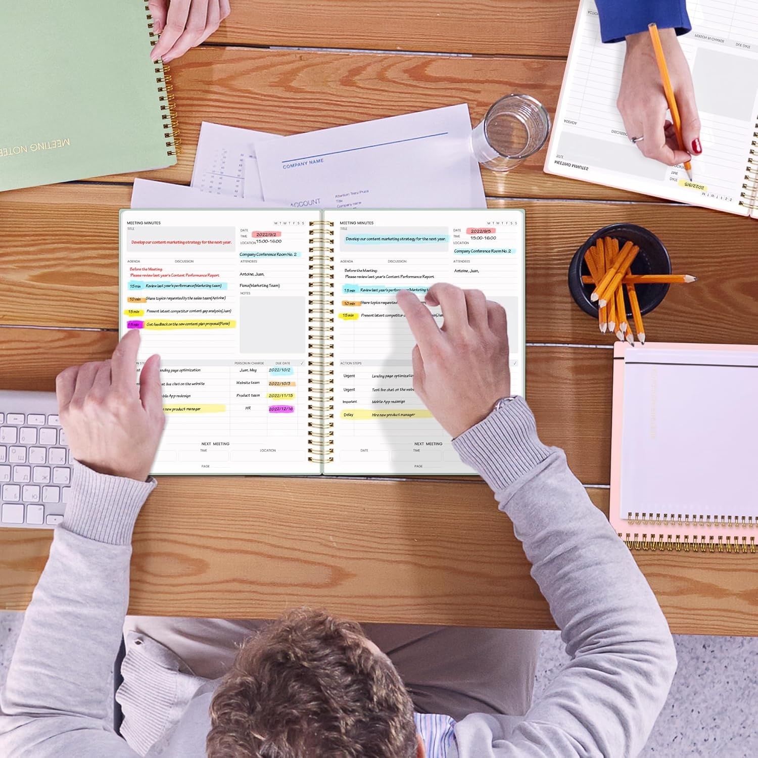 image:imageSUNEE Meeting Notebook for Work with Action Items 160 Pages A4 Size Project Planner Spiral Meeting AgendaMinutes Notebook Organizer for Women Men Note Taking Office amp Business 85x11 PurpleSage Green