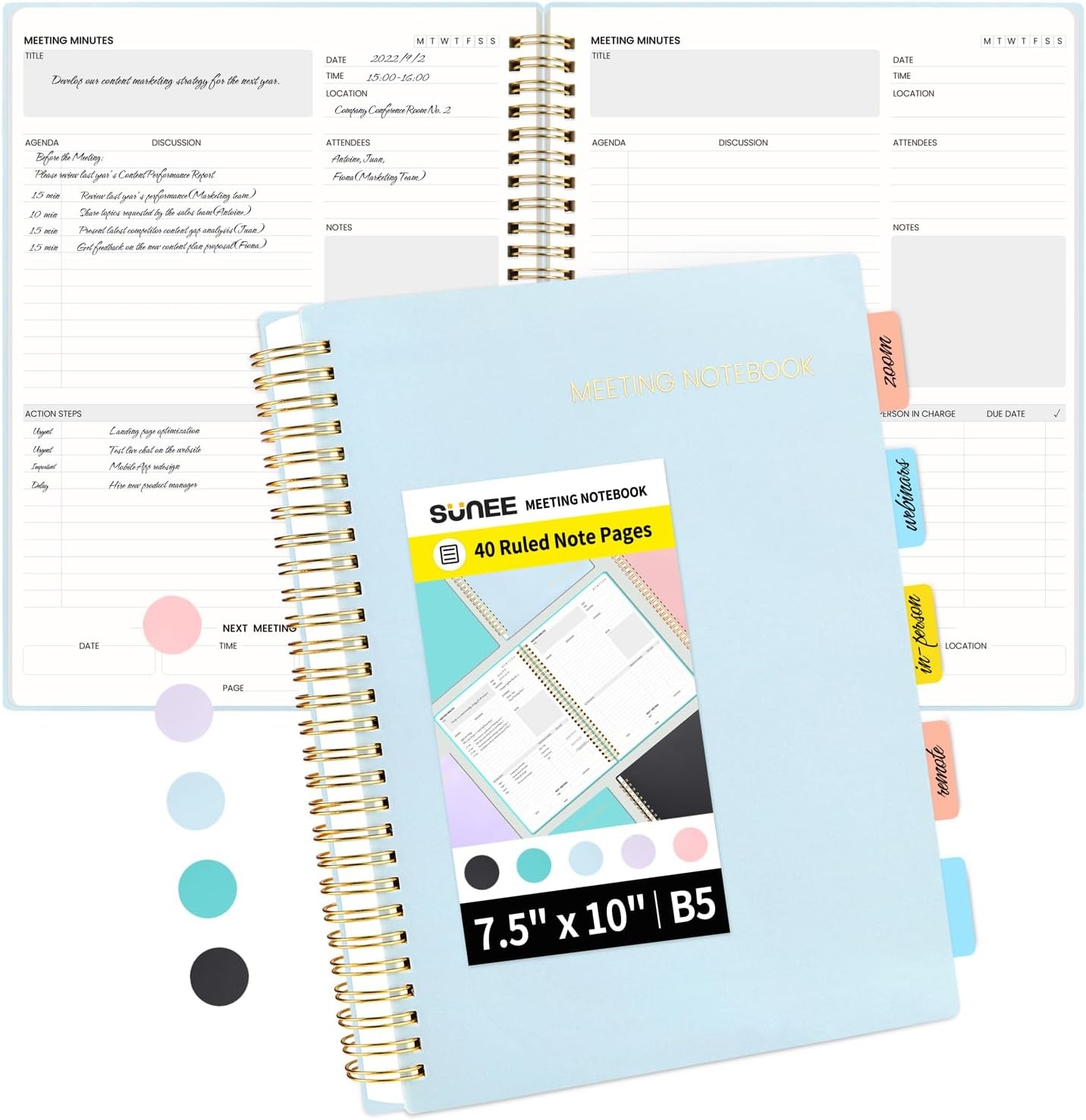 image:imageSUNEE Meeting Notebook for Work with Action Items 160 Pages A4 Size Project Planner Spiral Meeting AgendaMinutes Notebook Organizer for Women Men Note Taking Office amp Business 85x11 PurpleBlue