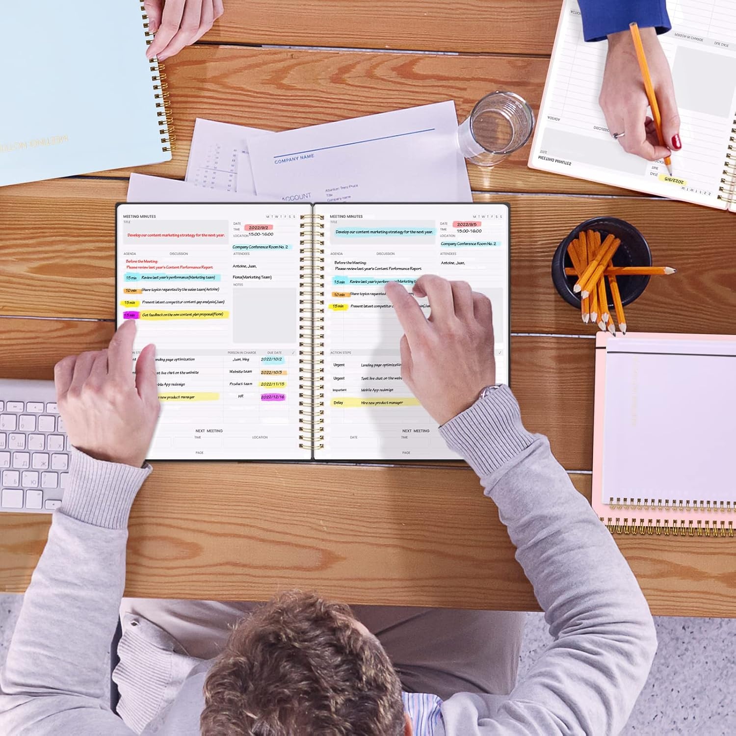 image:imageSUNEE Meeting Notebook for Work with Action Items 160 Pages A4 Size Project Planner Spiral Meeting AgendaMinutes Notebook Organizer for Women Men Note Taking Office amp Business 85x11 PurpleBlack