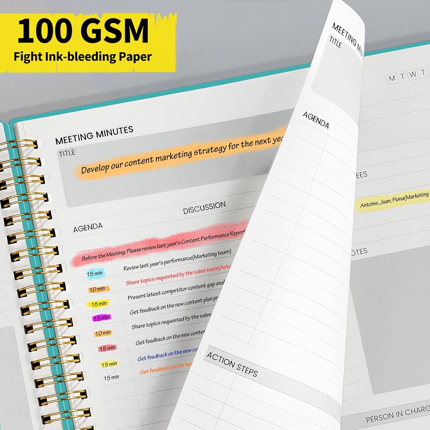 image:imageSUNEE Meeting Notebook for Work with Action Items 160 Pages A4 Size Project Planner Spiral Meeting AgendaMinutes Notebook Organizer for Women Men Note Taking Office amp Business 85x11 PurpleTeal
