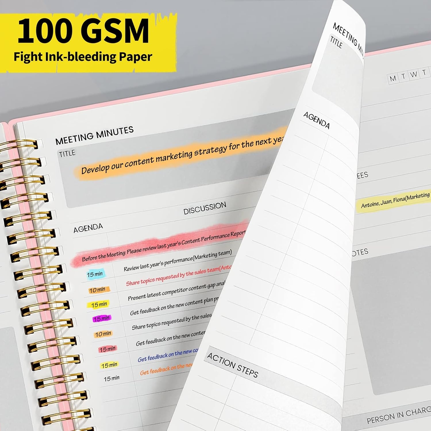 image:imageSUNEE Meeting Notebook for Work with Action Items 160 Pages A4 Size Project Planner Spiral Meeting AgendaMinutes Notebook Organizer for Women Men Note Taking Office amp Business 85x11 PurplePink