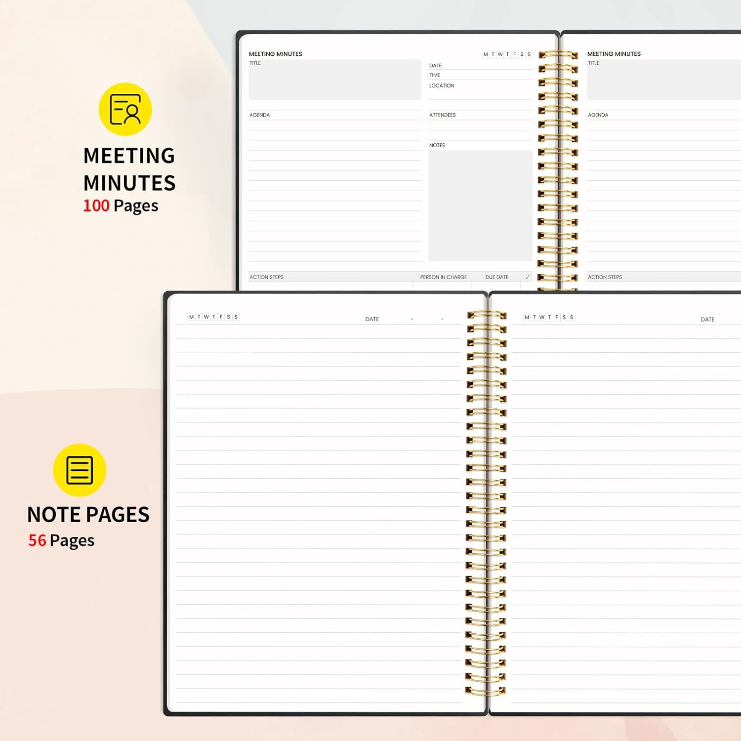 image:imageSUNEE Meeting Notebook for Work with Action Items 160 Pages A4 Size Project Planner Spiral Meeting AgendaMinutes Notebook Organizer for Women Men Note Taking Office amp Business 85x11 PurpleBlack