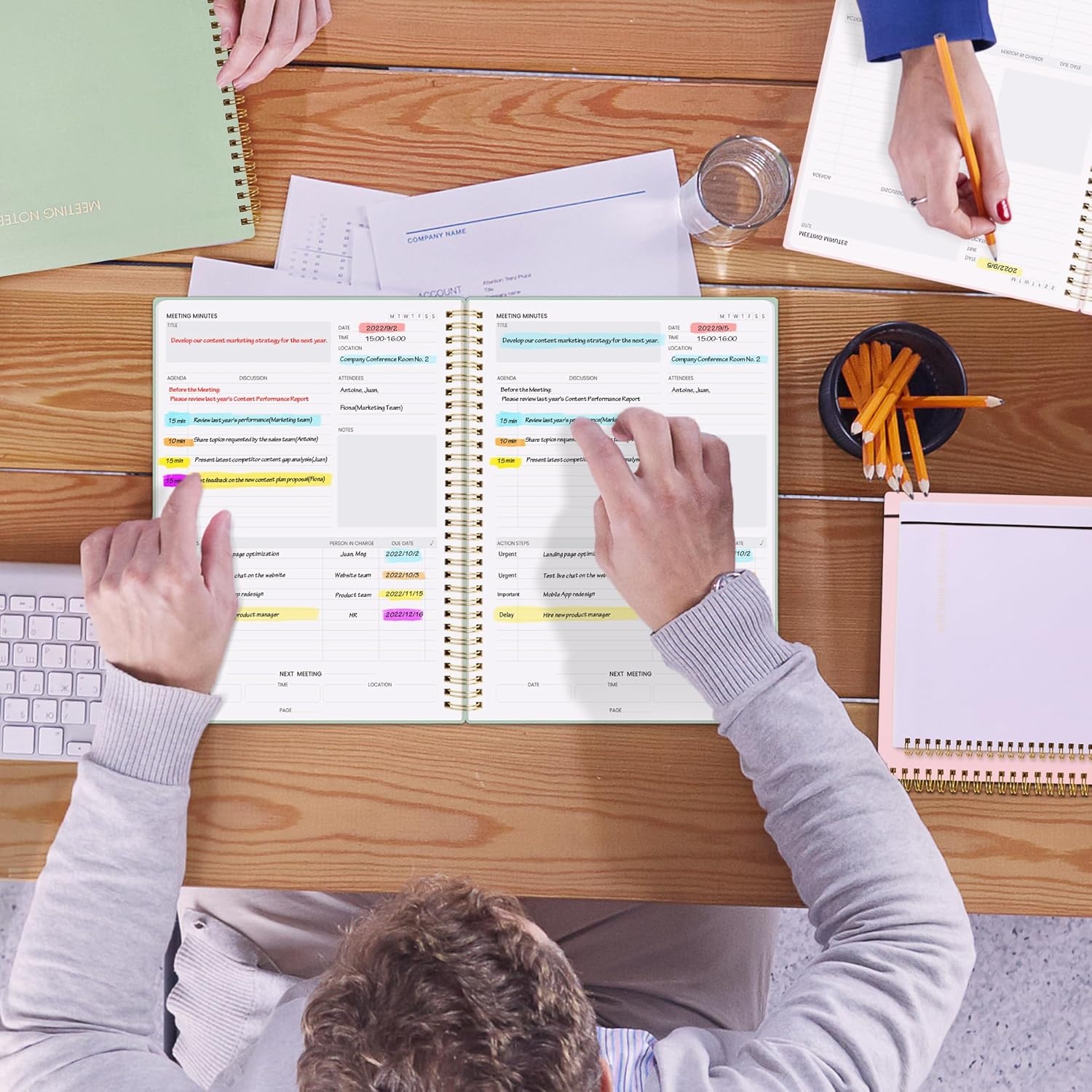 image:imageSUNEE Meeting Notebook for Work with Action Items 160 Pages A4 Size Project Planner Spiral Meeting AgendaMinutes Notebook Organizer for Women Men Note Taking Office amp Business 85x11 PurpleSage Green