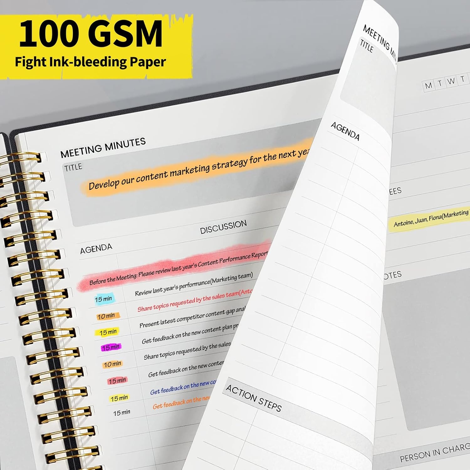 image:imageSUNEE Meeting Notebook for Work with Action Items 160 Pages A4 Size Project Planner Spiral Meeting AgendaMinutes Notebook Organizer for Women Men Note Taking Office amp Business 85x11 PurpleBlack