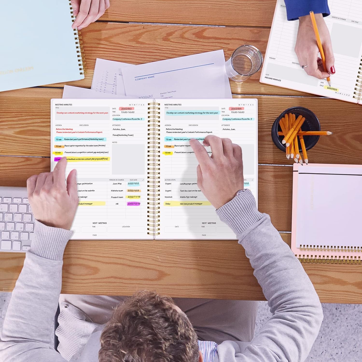 image:imageSUNEE Meeting Notebook for Work with Action Items 160 Pages A4 Size Project Planner Spiral Meeting AgendaMinutes Notebook Organizer for Women Men Note Taking Office amp Business 85x11 PurplePurple