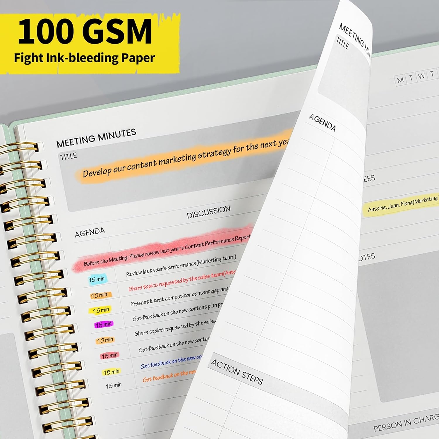 image:imageSUNEE Meeting Notebook for Work with Action Items 160 Pages A4 Size Project Planner Spiral Meeting AgendaMinutes Notebook Organizer for Women Men Note Taking Office amp Business 85x11 PurpleSage Green